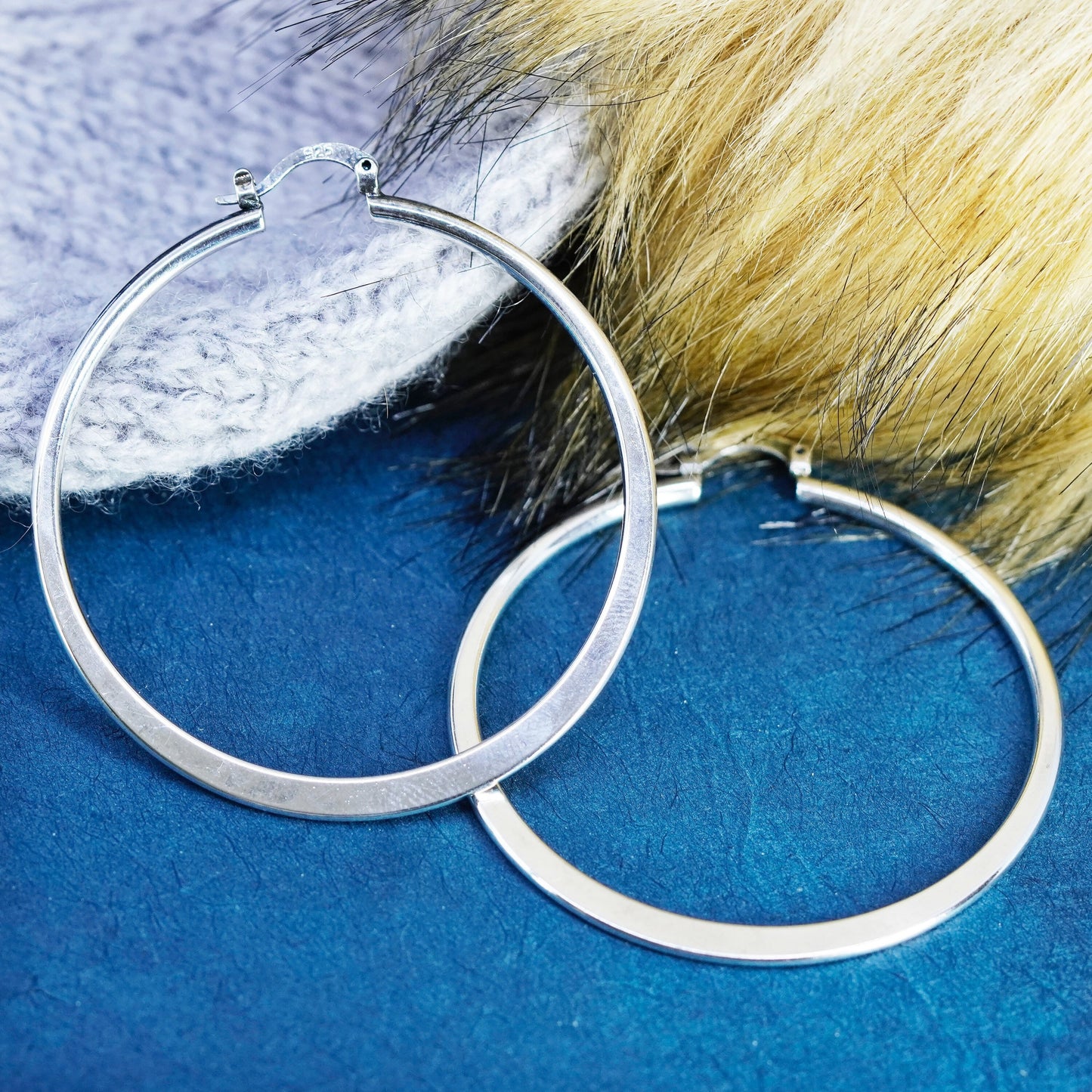 2”, vintage Sterling silver handmade earrings, flatten modern 925 hoops, huggie