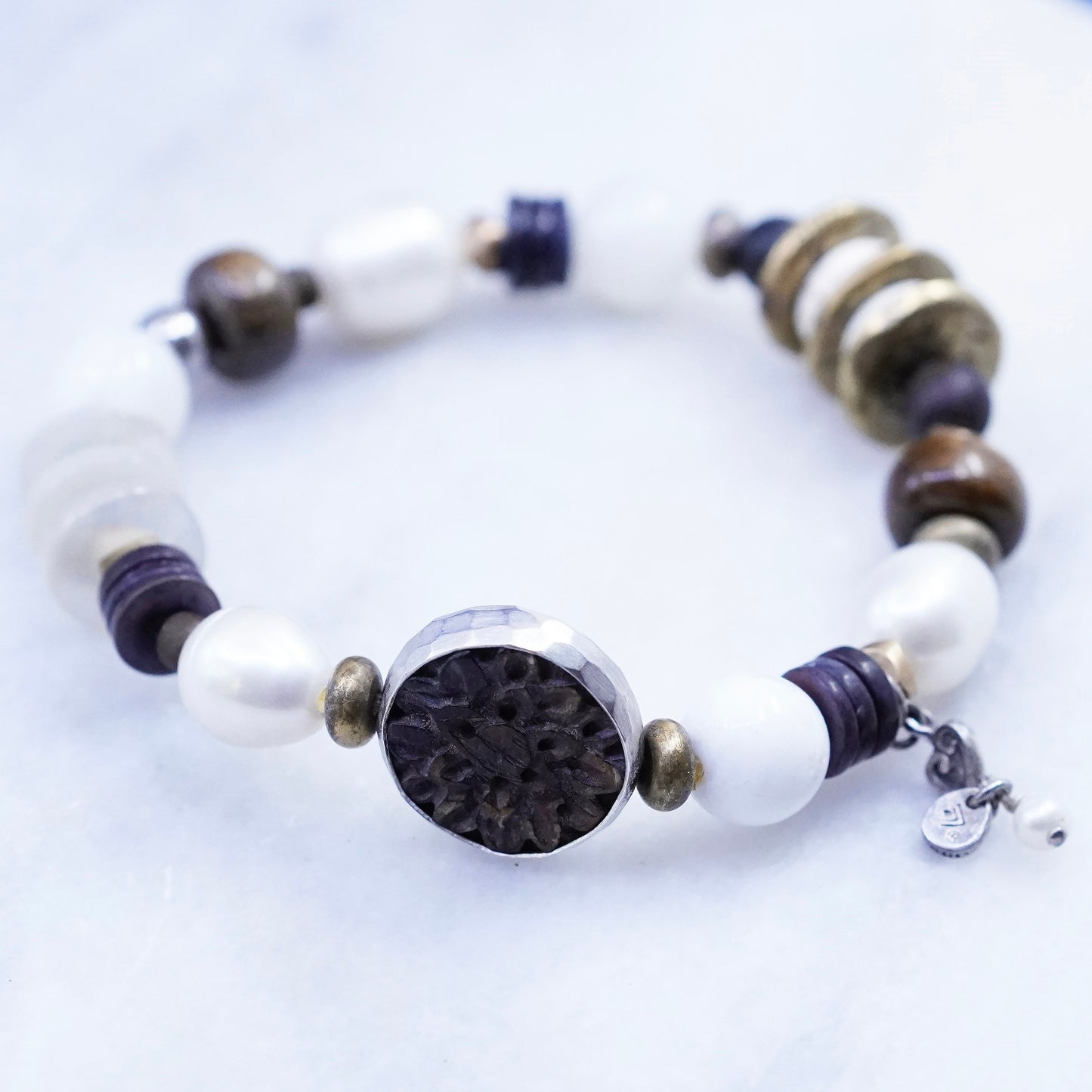 Silpada Sterling 925 Silver Pearl Bronzite Wood Brass Stretch Bracelet B1989