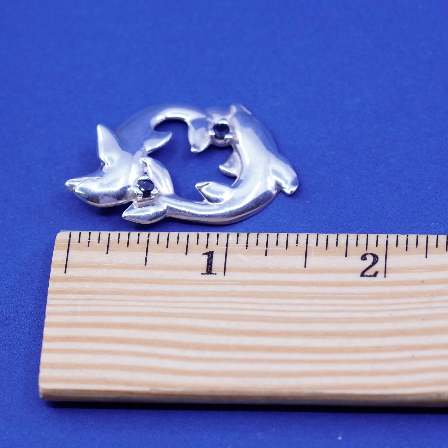 Vintage 1985 Gorham Herald handmade sterling 925 silver dolphins with sapphire