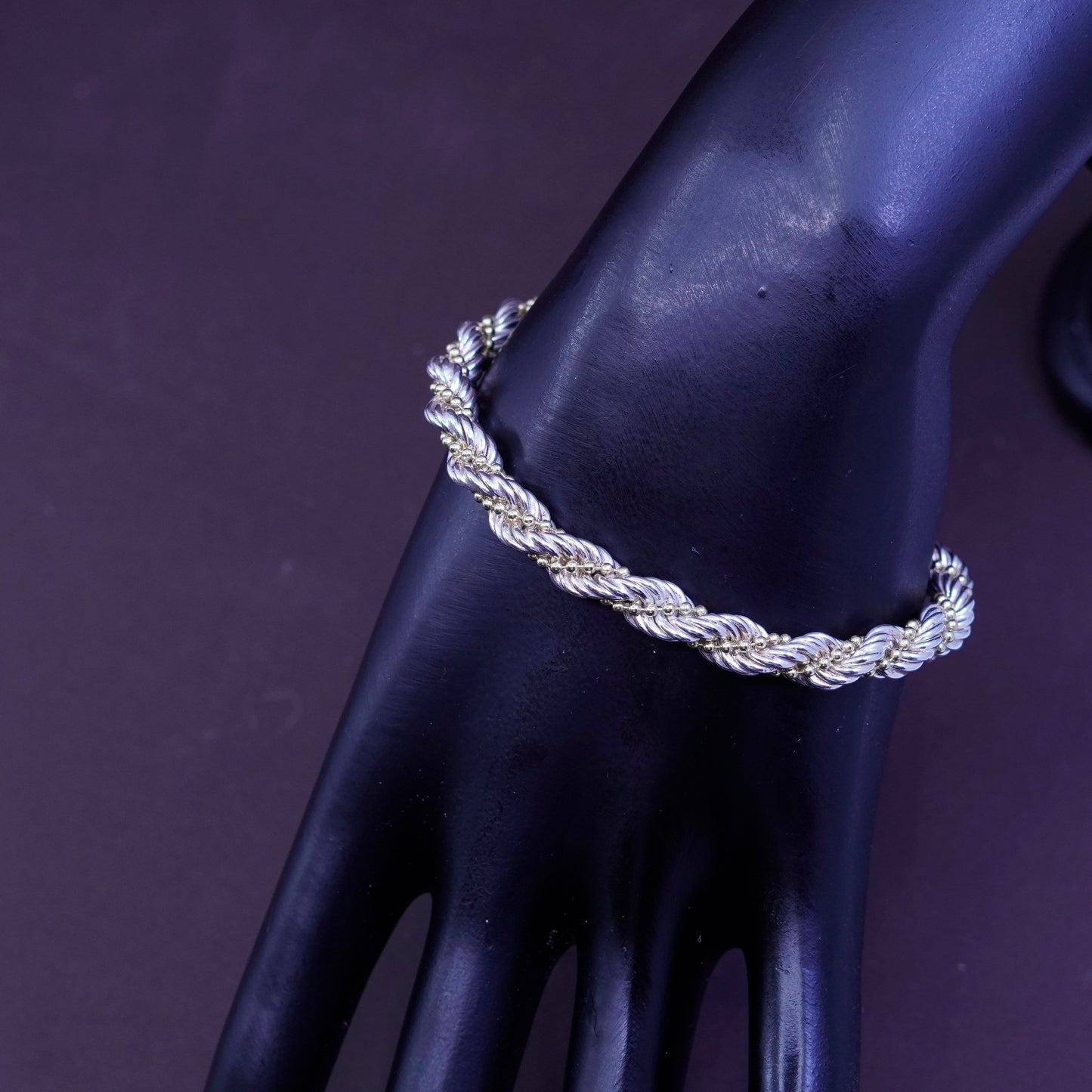 7”, Sterling silver bracelet, Italy 925 rope twisted with 14K gold beads chain
