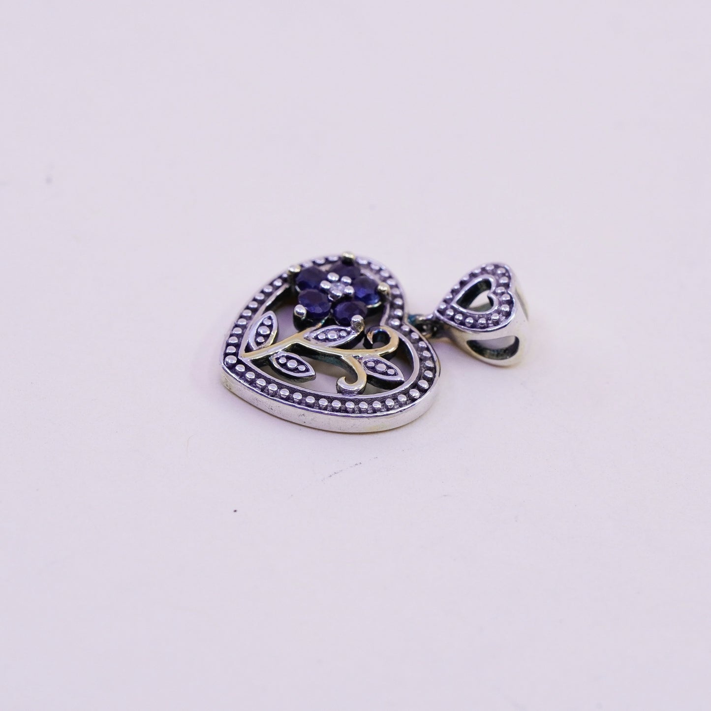 vermeil Gold over Sterling silver pendant, 925 heart pendant sapphire flower