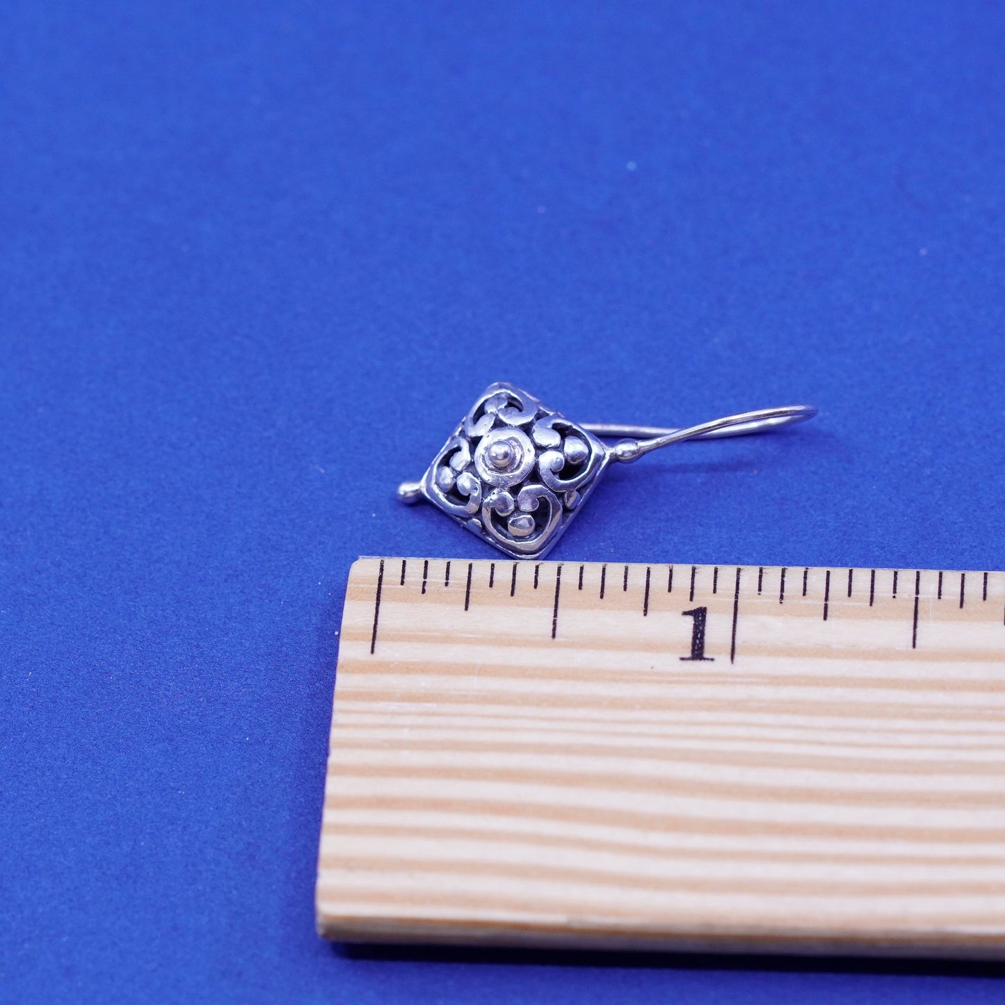 Vintage sterling silver handmade earrings, 925 filigree Bali diamond drop,