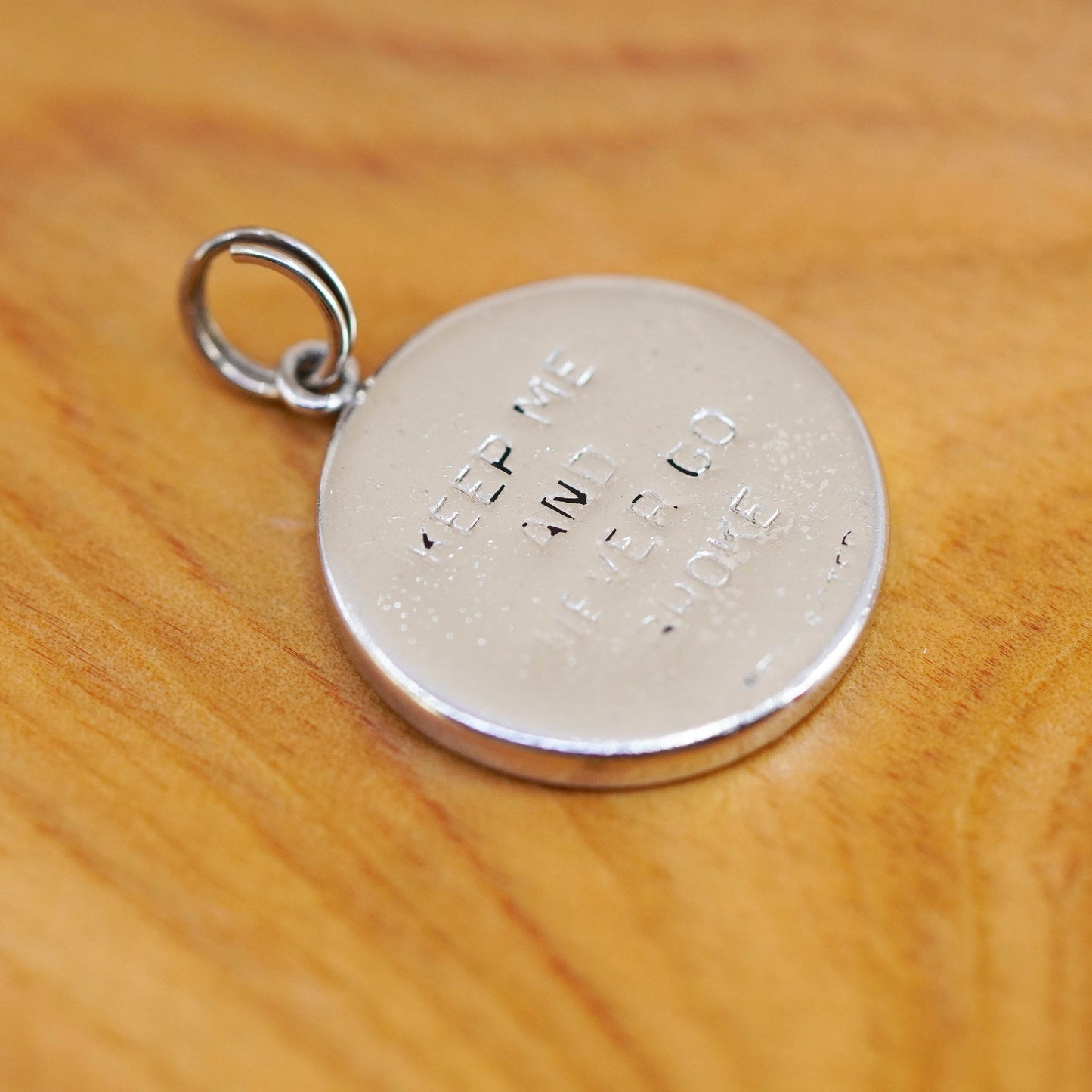 Vintage Sterling silver handmade pendant, 925 coin charm embossed “keep me