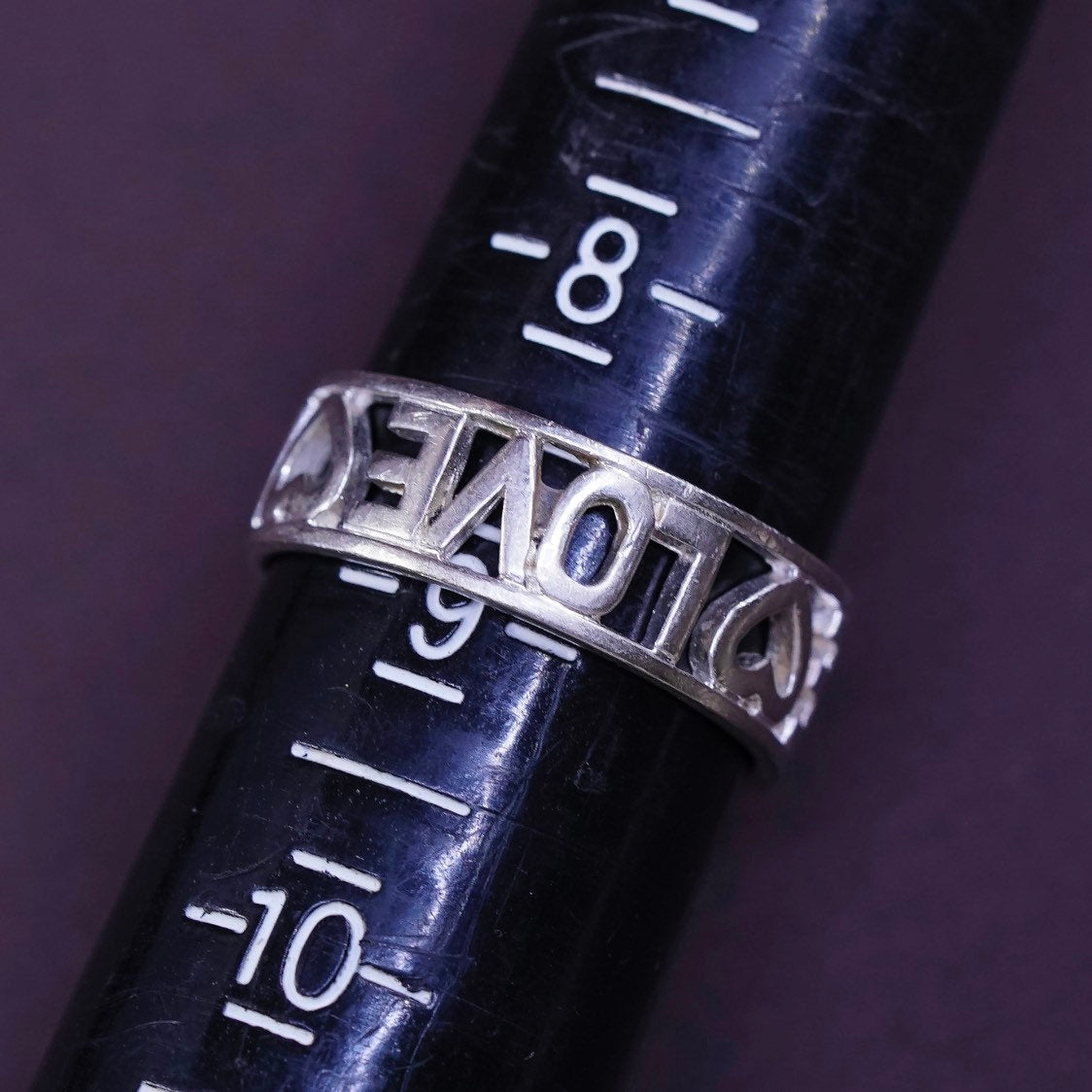 sz 8.75, vtg sterling silver handmade ring, 925 band embossed "love"