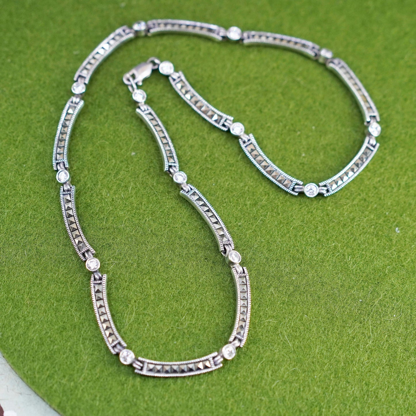16”, Judith Jack sterling 925 silver necklace, bar chain with cz and marcasite