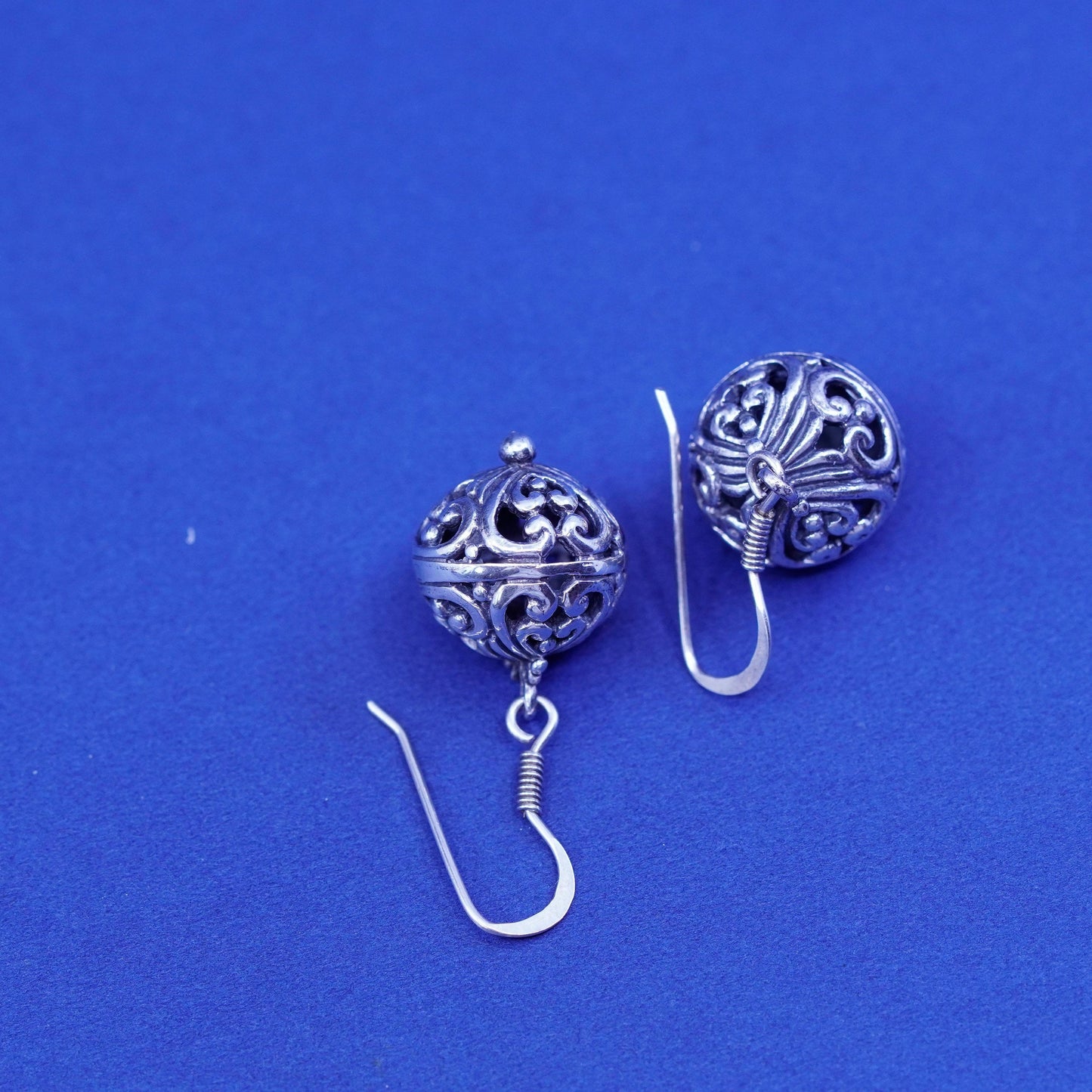 Vintage sterling silver handmade earrings, 925 filigree Bali drops