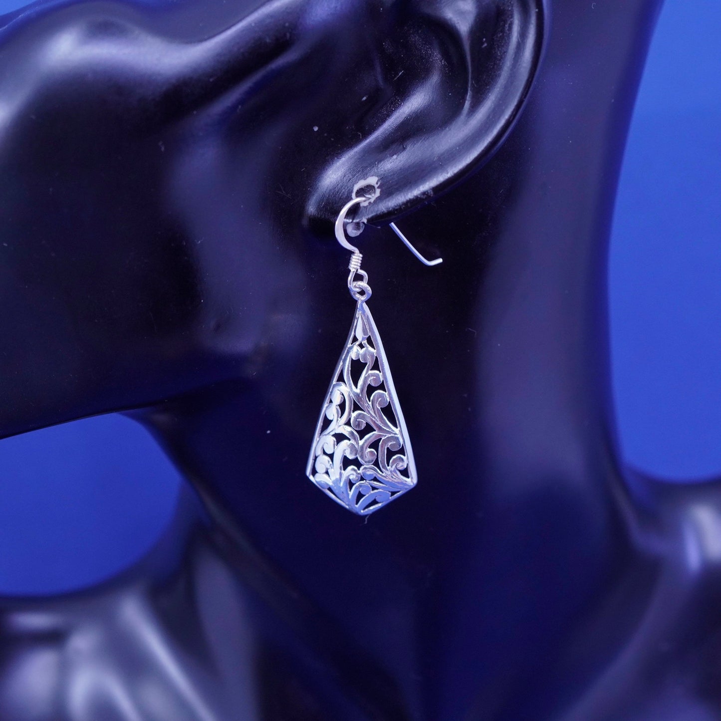 Vintage sterling silver handmade earrings, 925 filigree teardrop drop