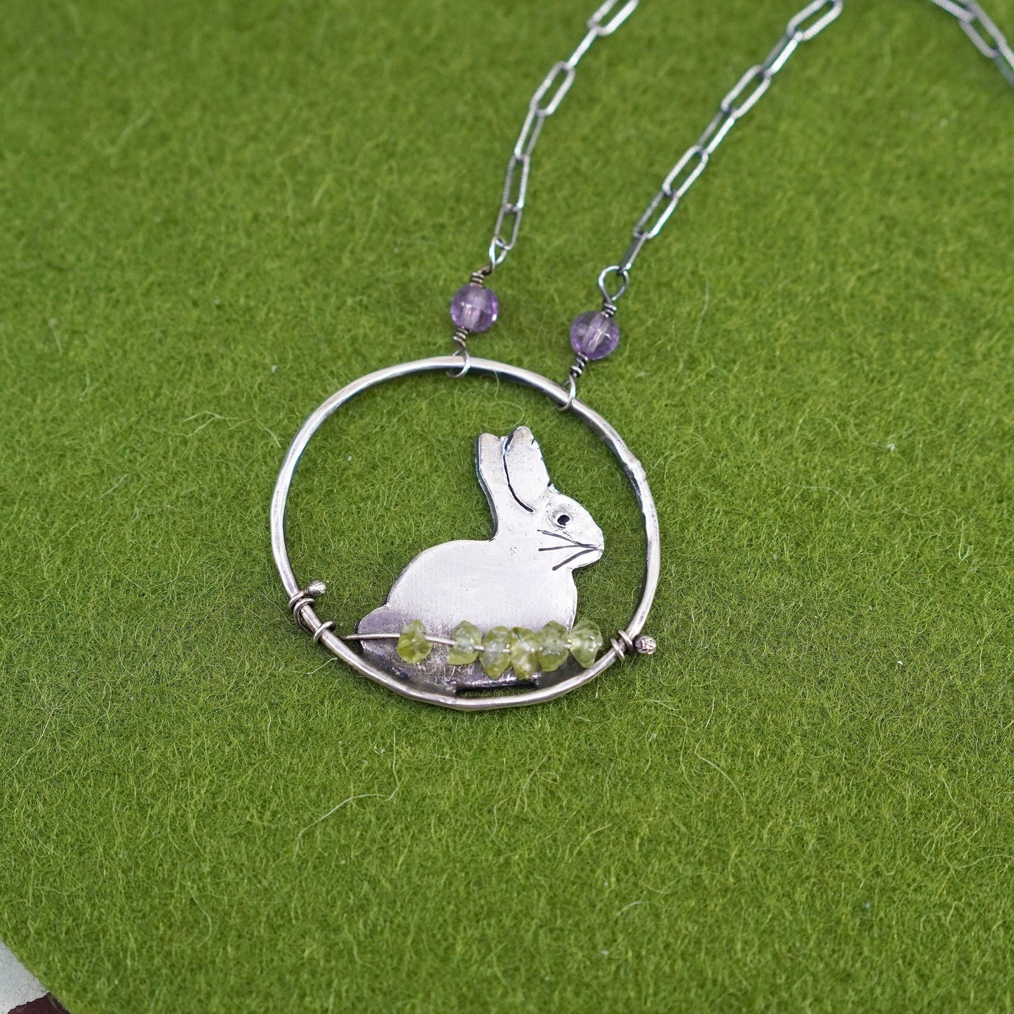 17” Sterling 925 silver necklace, elongated chain bunny rabbit pendant amethyst