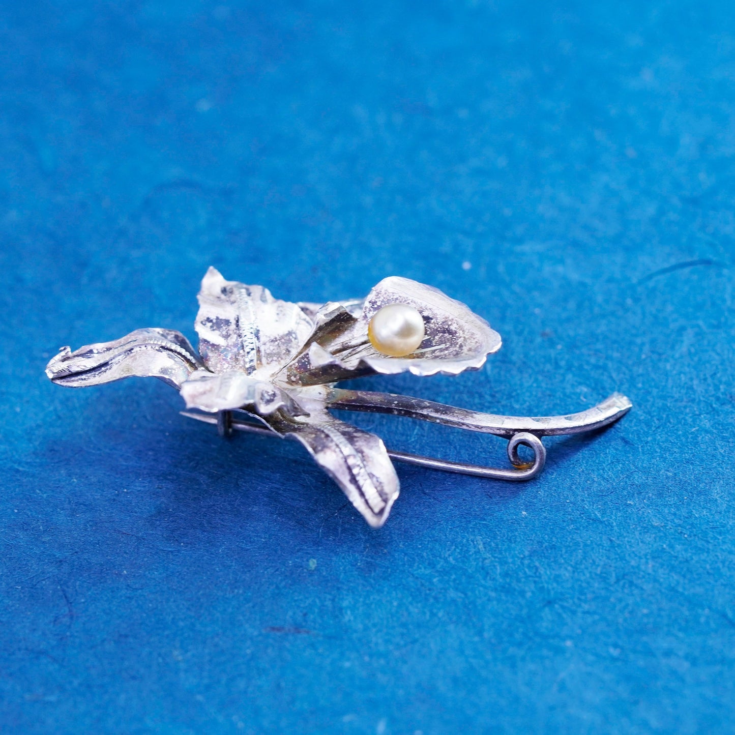 Vintage Mexico Sterling 925 Silver handmade Orchid Flower Brooch pin with pearl