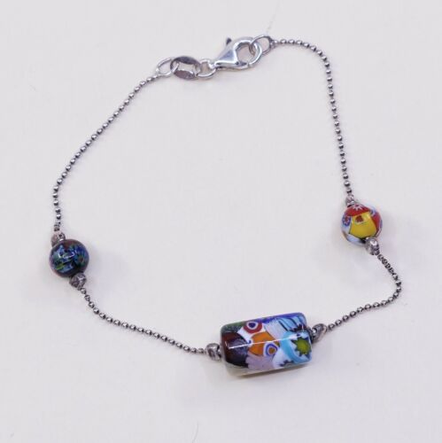 6.5”, Vtg Sterling Silver Handmade Bracelet, 925 Beads W/ Murano Glass Beads