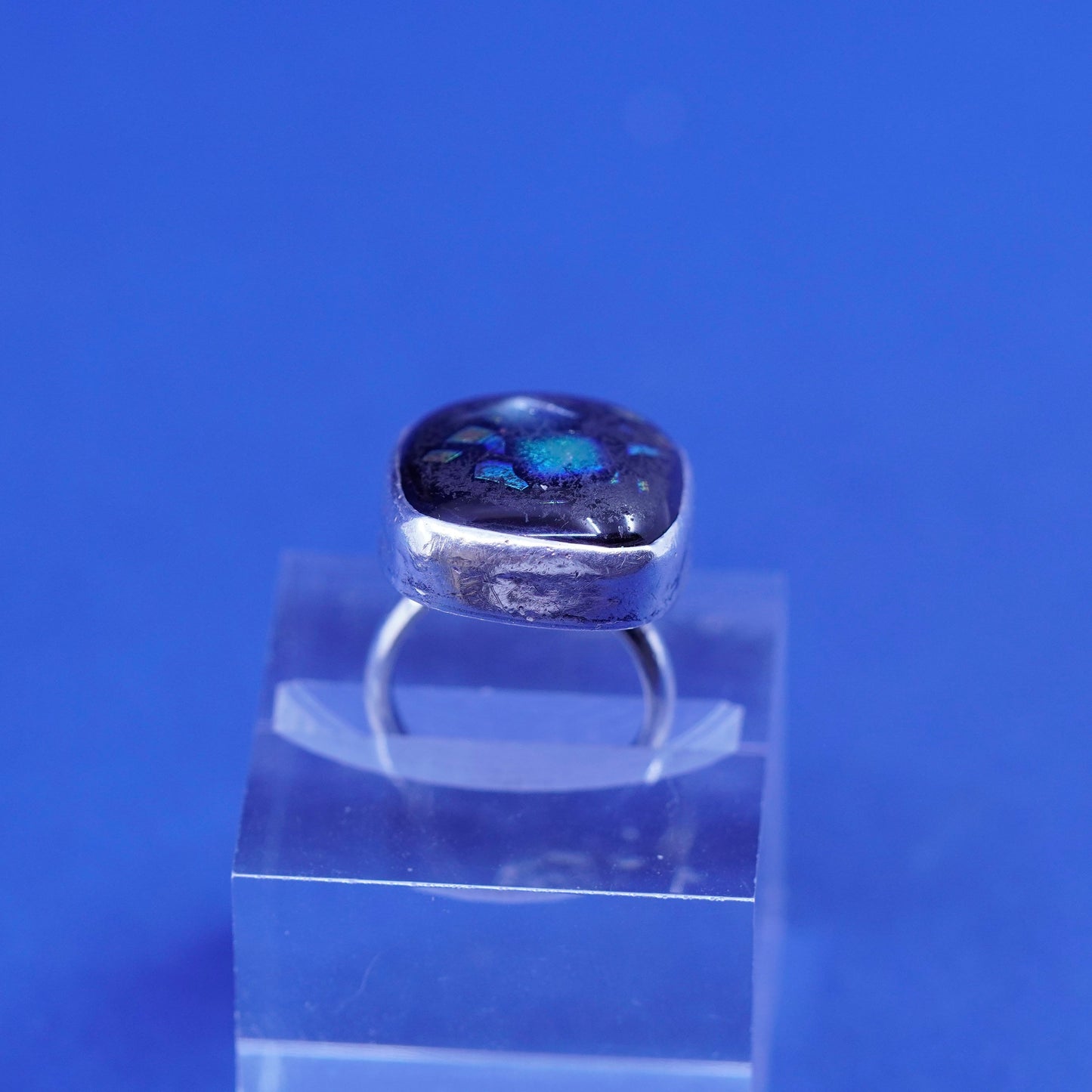 Size 4, vintage Sterling 925 silver handmade ring with foiled glass
