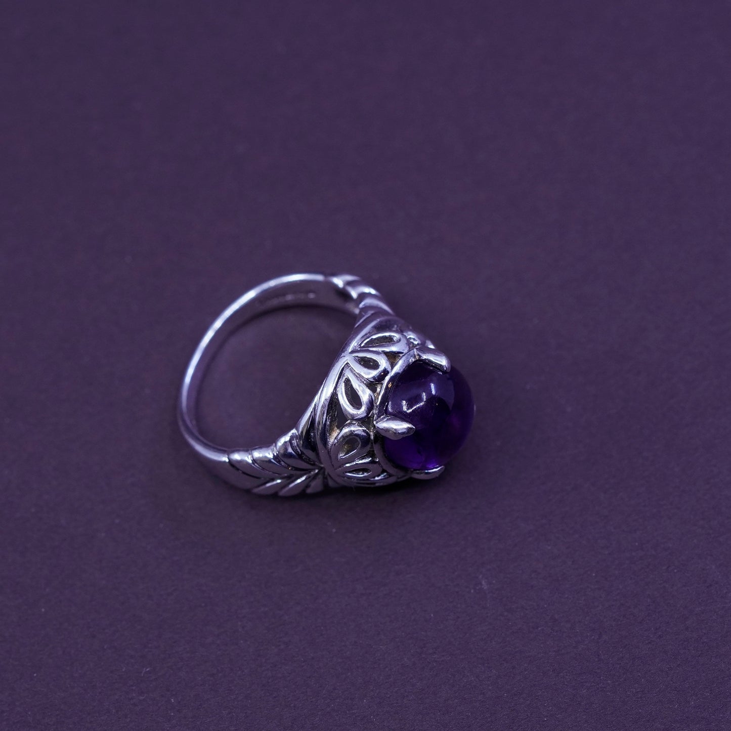 Size 8.25, vintage SLC filigree Sterling 925 silver handmade ring with amethyst