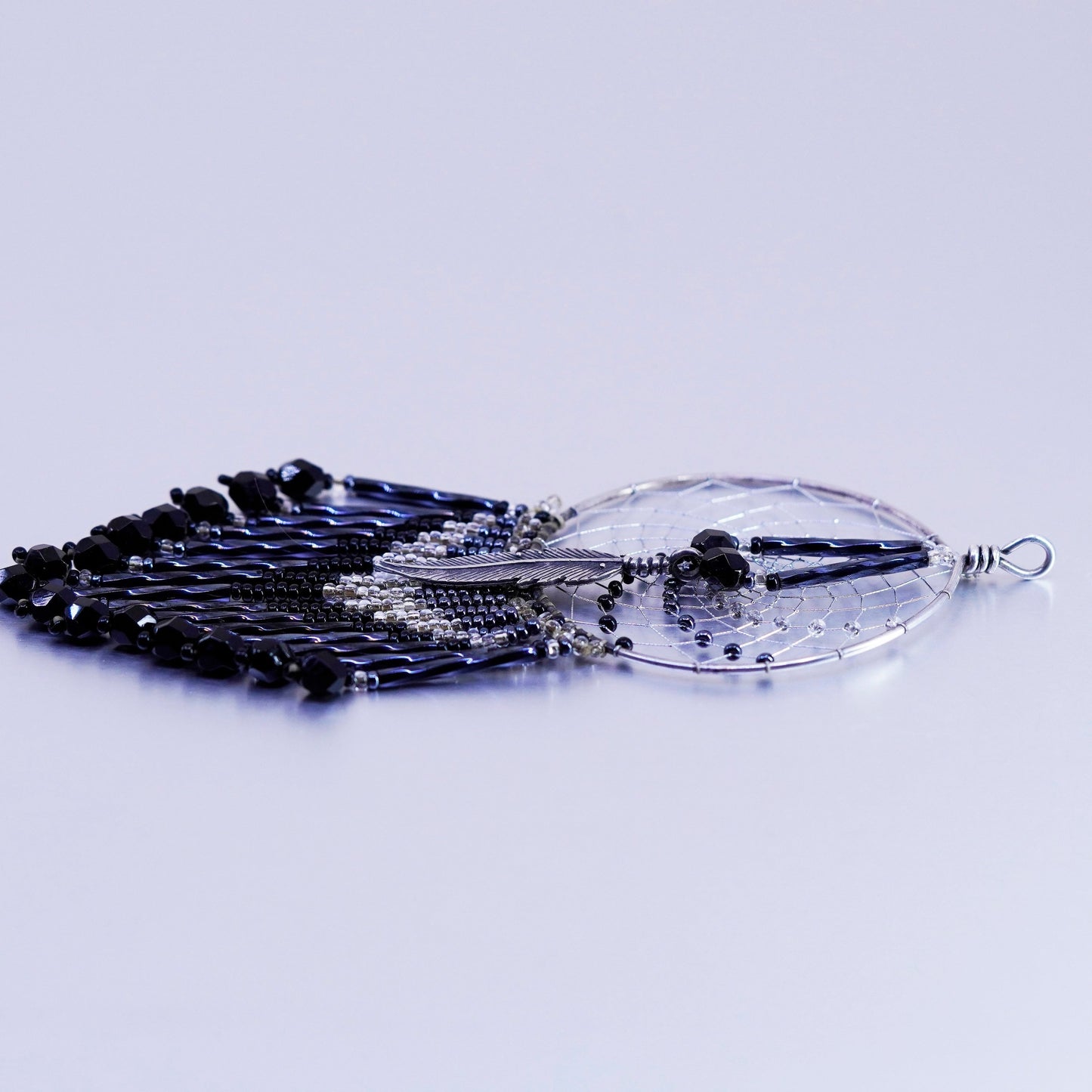 Native American sterling 925 silver net feather pendant w/ onyx crystal fringe