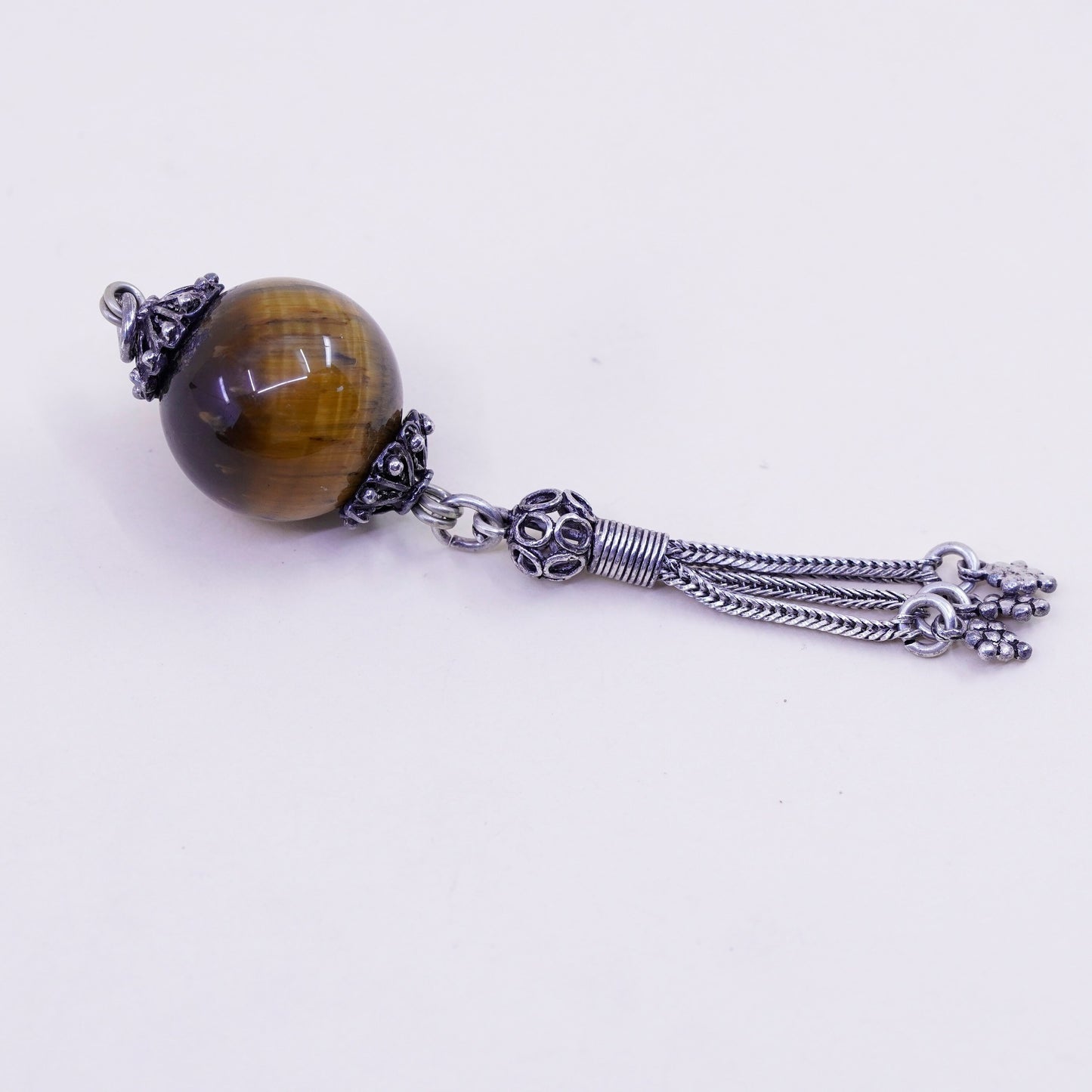 sterling silver charm with golden tiger eye and fringe, 925 handmade pendant