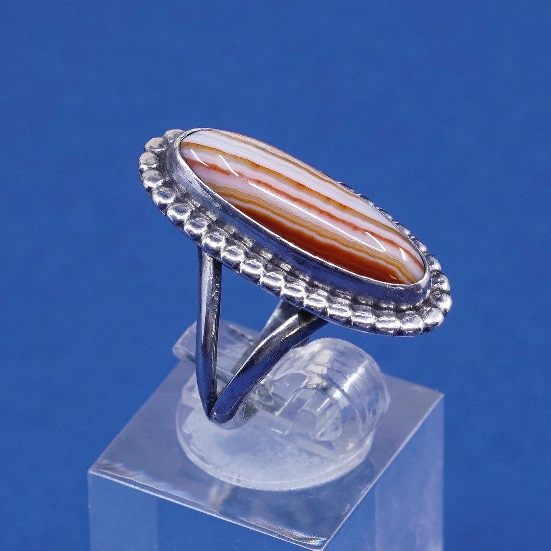 sz 6, vtg Sterling silver handmade ring, 925 w/ red lace agate N beads