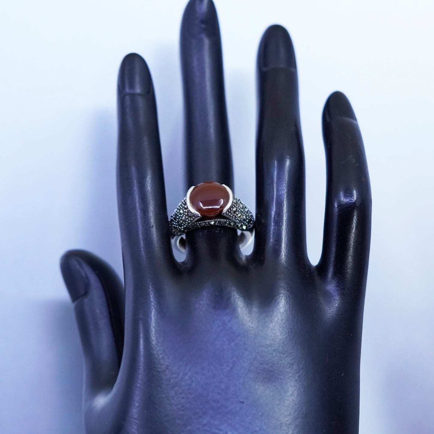 Size 8, southwestern Sterling 925 silver handmade ring band carnelian marcasite