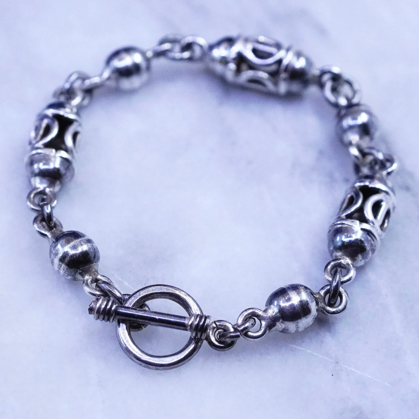 6.75”, vintage sterling 925 silver handmade bracelet with bali beads