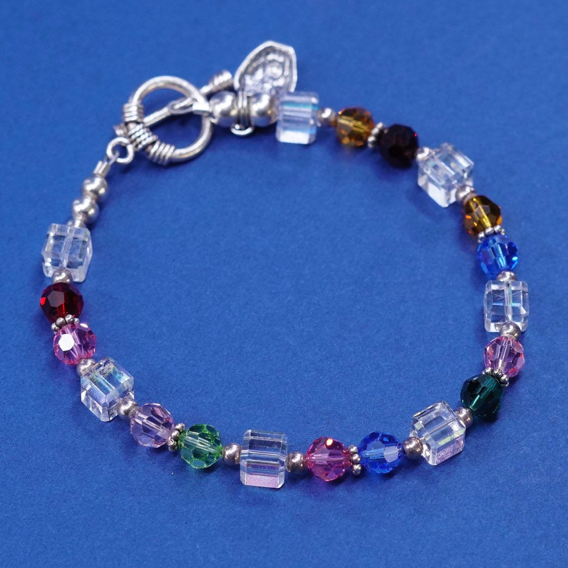 7”, sterling silver handmade bracelet 925 Apple charm w/ crystal beads N toggle