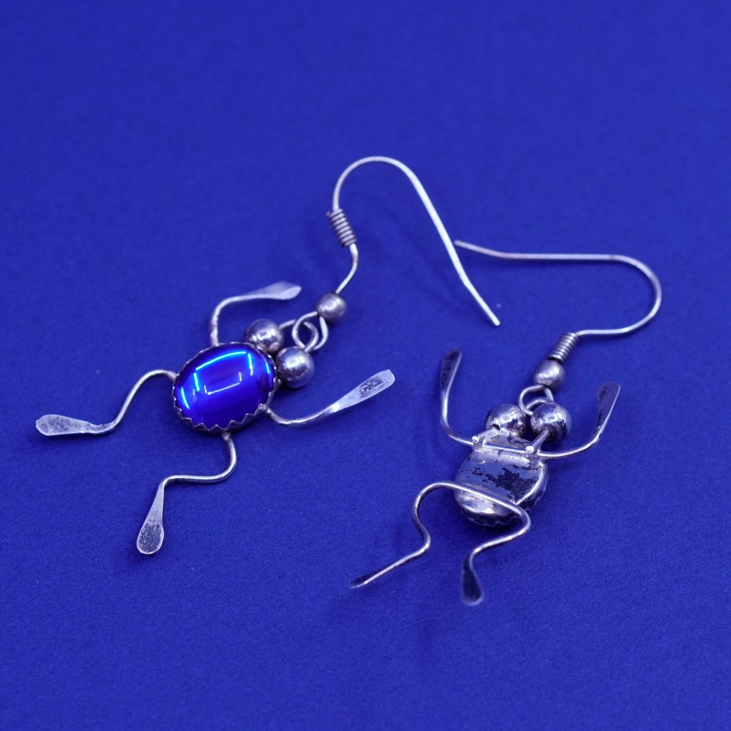 Vintage sterling 925 silver handmade frog earrings with blue glass