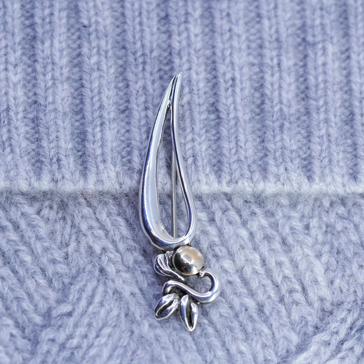 Vintage designer sterling silver handmade brooch, 925 pin with 10K gold bead