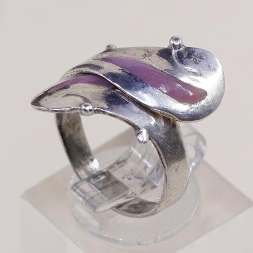 Sz 7, Vtg Sterling Silver Handmade Ring, 925 Silver Band W/ Enamel inlay