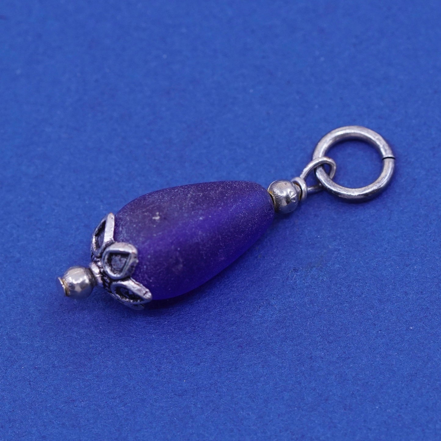 Vintage sterling 925 silver handmade pendant charm with blue teardrop glass