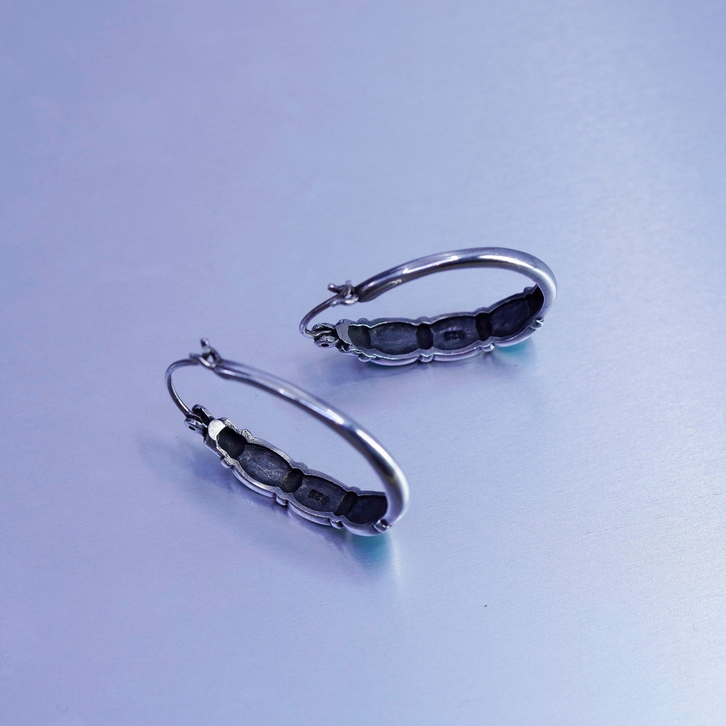 1”, vintage Sterling silver handmade earrings, 925 huggie hoops with turquoise