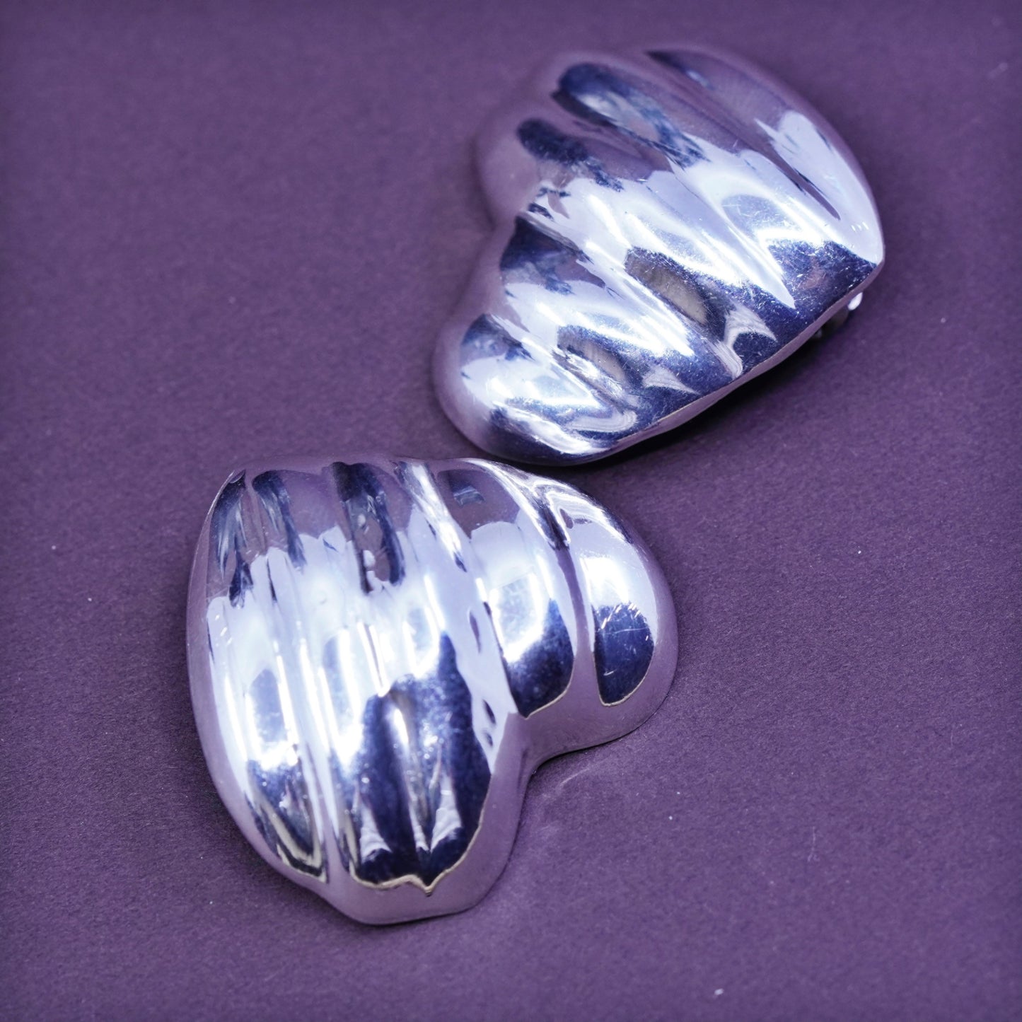 Vintage Sterling silver handmade earrings, solid 925 ribbed heart clip on