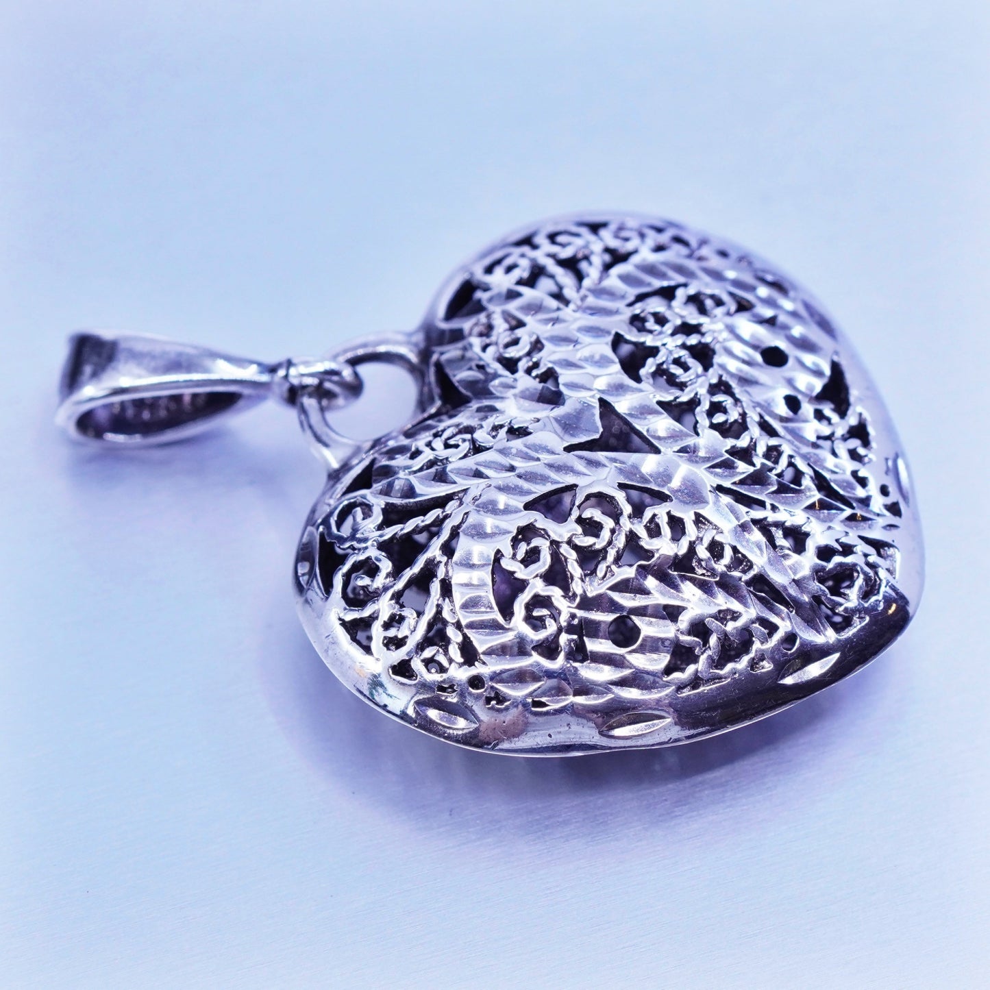 Antique Sterling silver charm, 925 puffy filigree heart pendant
