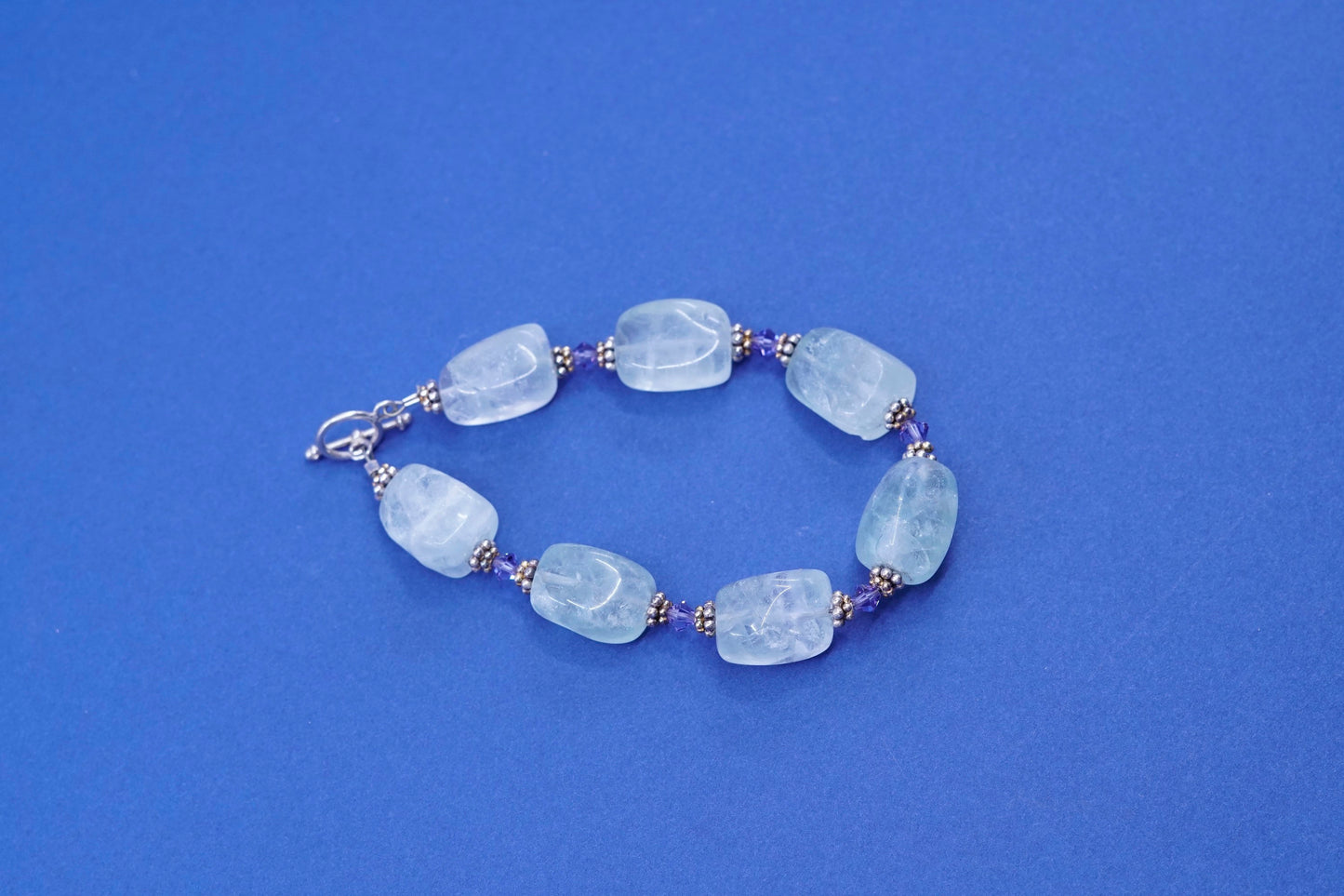 6.5”, Sterling silver bracelet, 925 bead charm with nugget prehnite grape stone