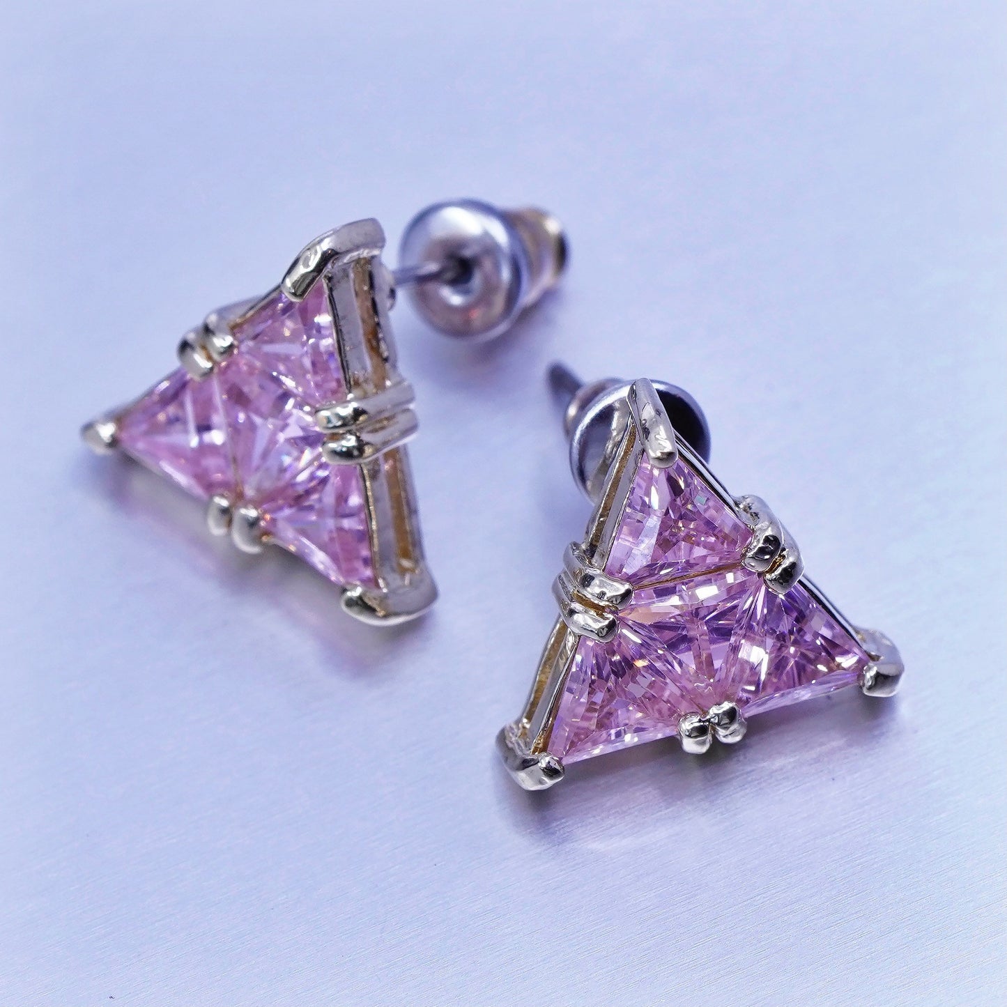 vermeil gold filled Sterling 925 silver triangular earrings, studs w/ pink Cz