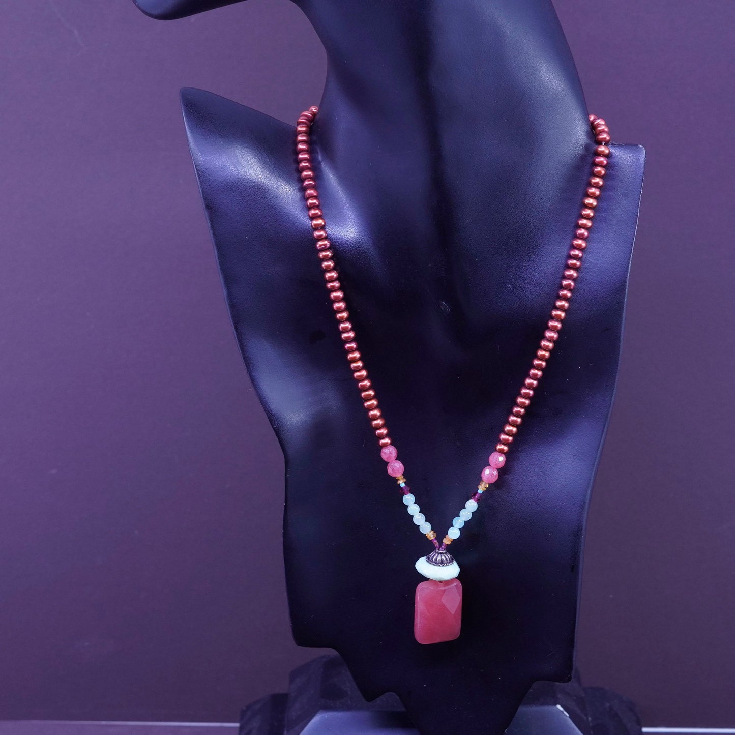 16+1.5” Vintage Sterling silver Handmade necklace w/ pearl rose quartz pendant
