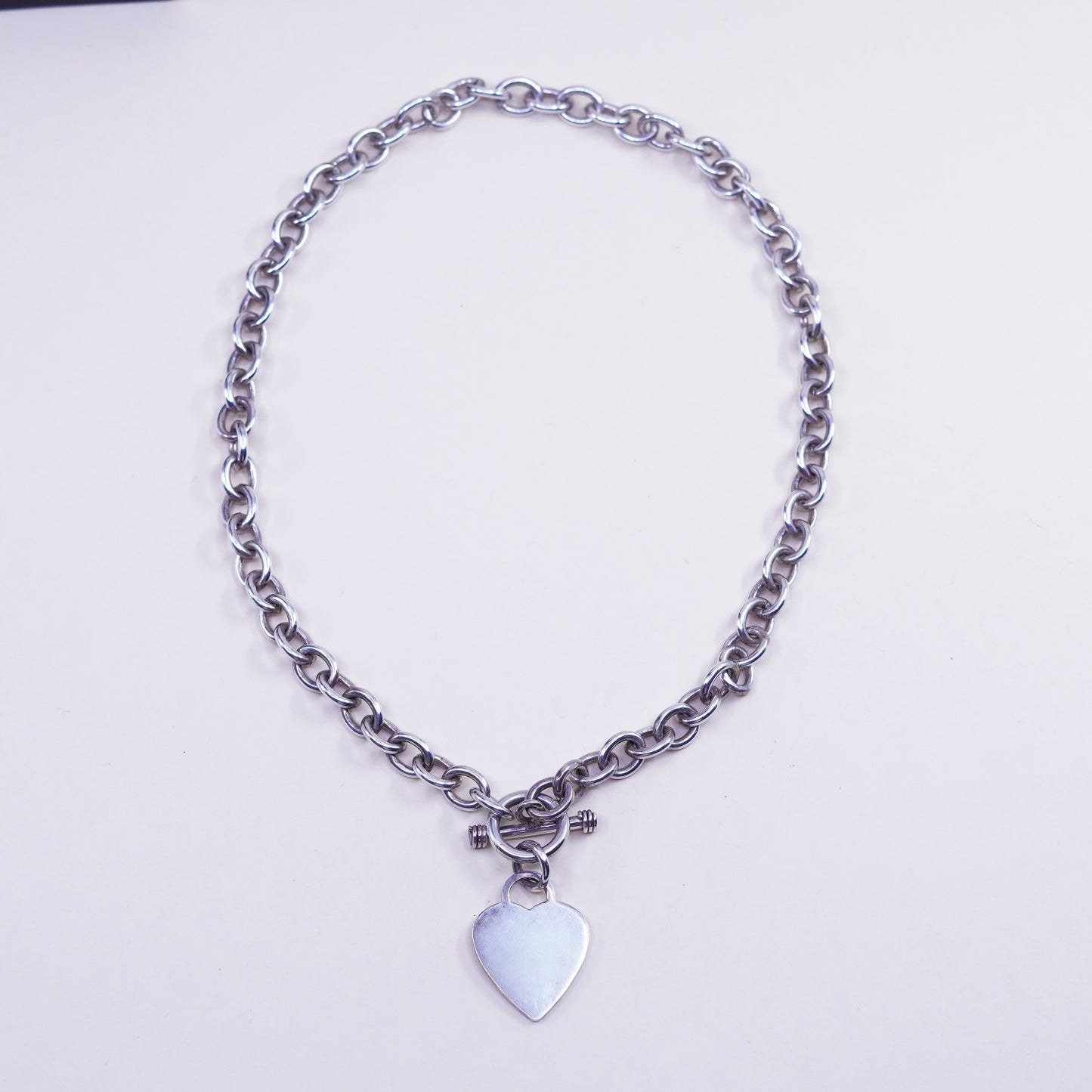 18”, sterling silver charm necklace, 925 handmade bold circle chain heart charm