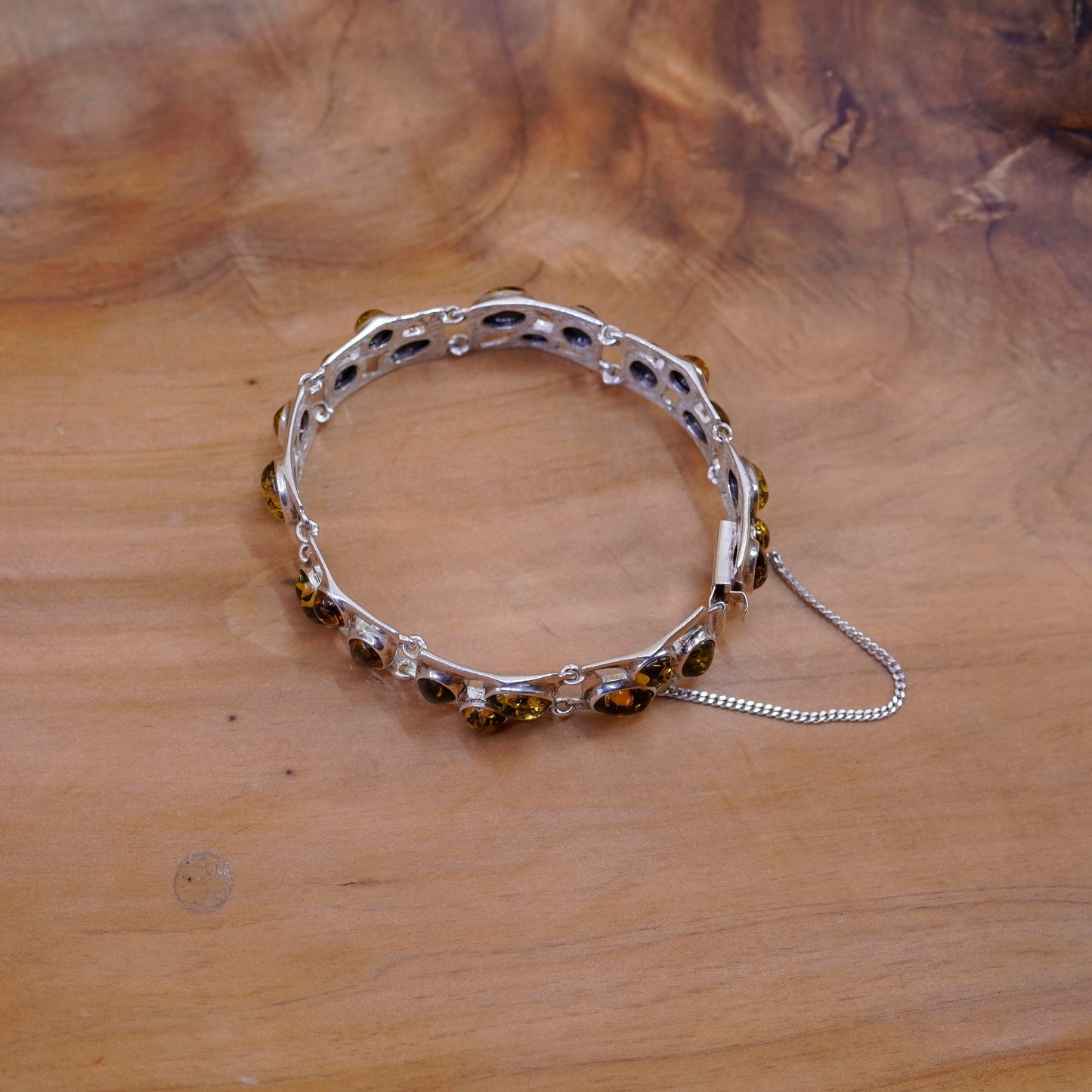 7”, vintage Sterling 925 silver handmade wide bracelet with Amber