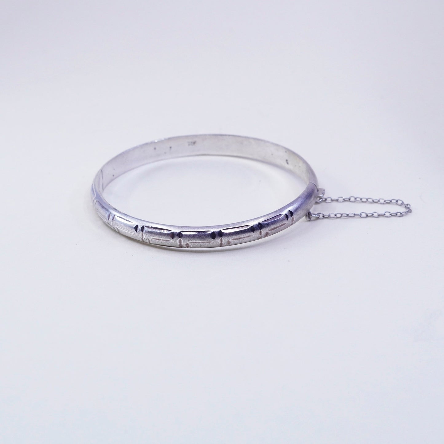 7.5”, sterling silver bracelet, Matt textured 925 hinged bangle N secure chain