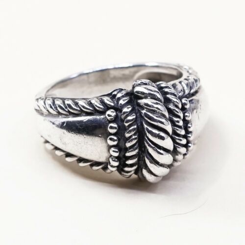 Size 6, Vtg Sterling Silver Handmade Ring 925 Silver Band w/ Cable inlay