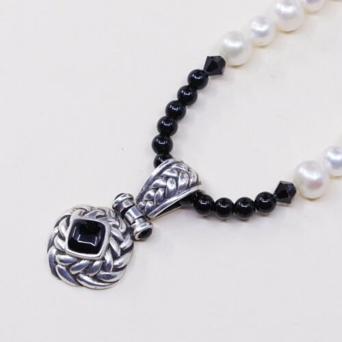 14”+2”, Vtg Sterling 925 silver Chain handmade necklace W/ Pearl N Obsidian Bead