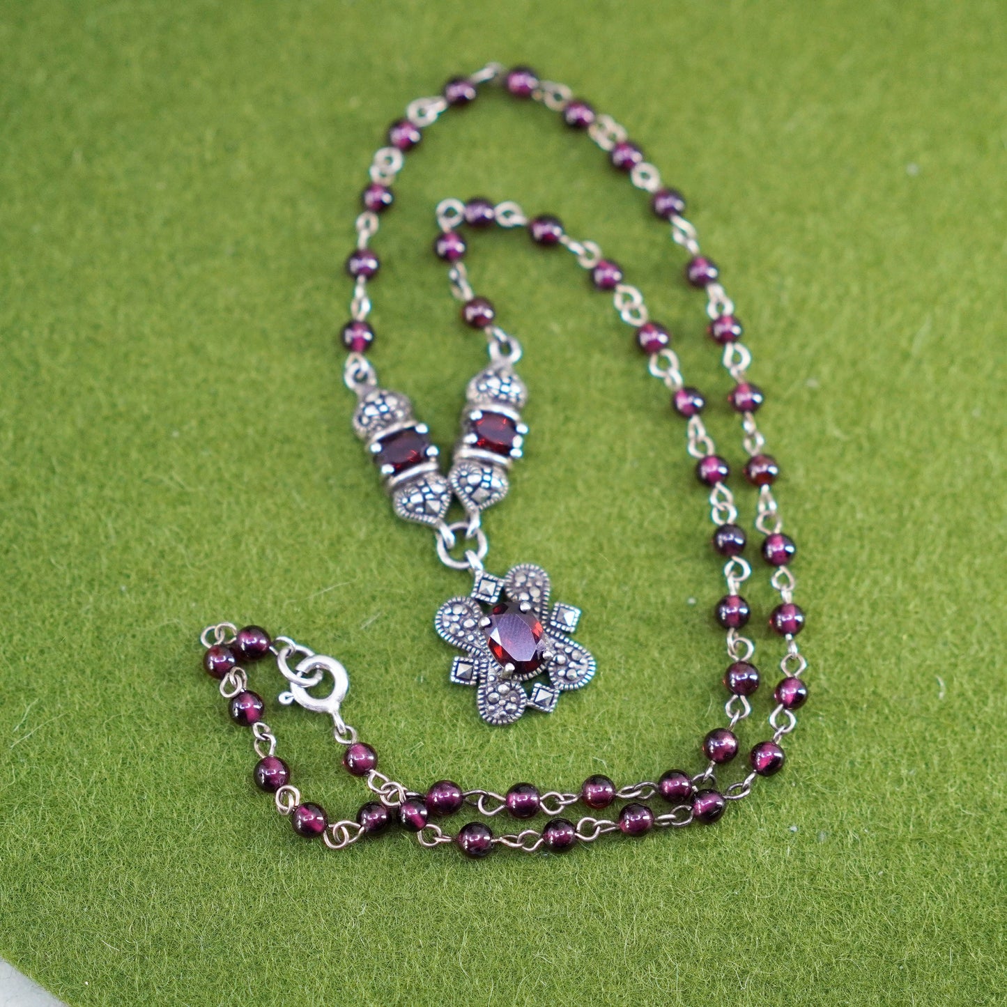 16”, sterling 925 silver necklace, garnet beads with marcasite and ruby pendant