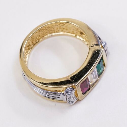 Sz 10.75, vermeil gold over Sterling Silver Ring, 925 Band W/ Lab Ruby N Peridot