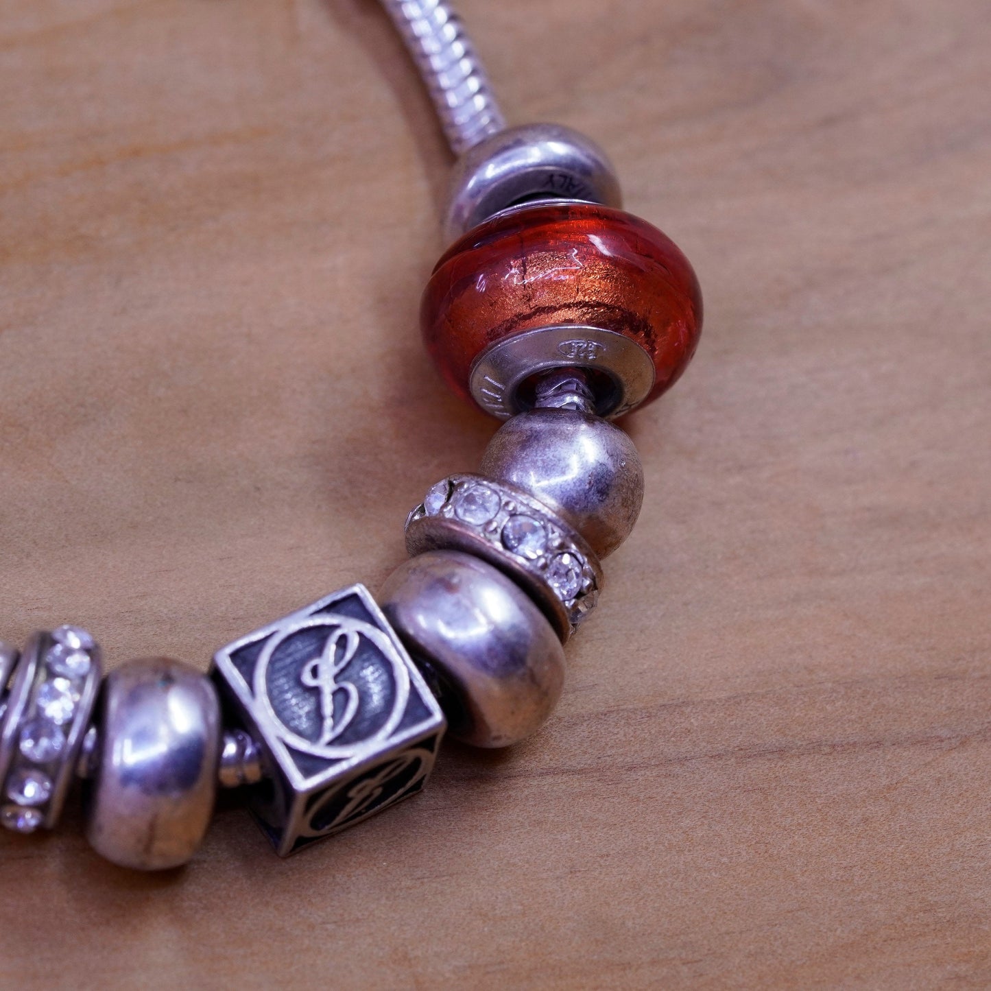 6.5”, sterling silver bracelet, 925 snake chain murano glass initial J beads