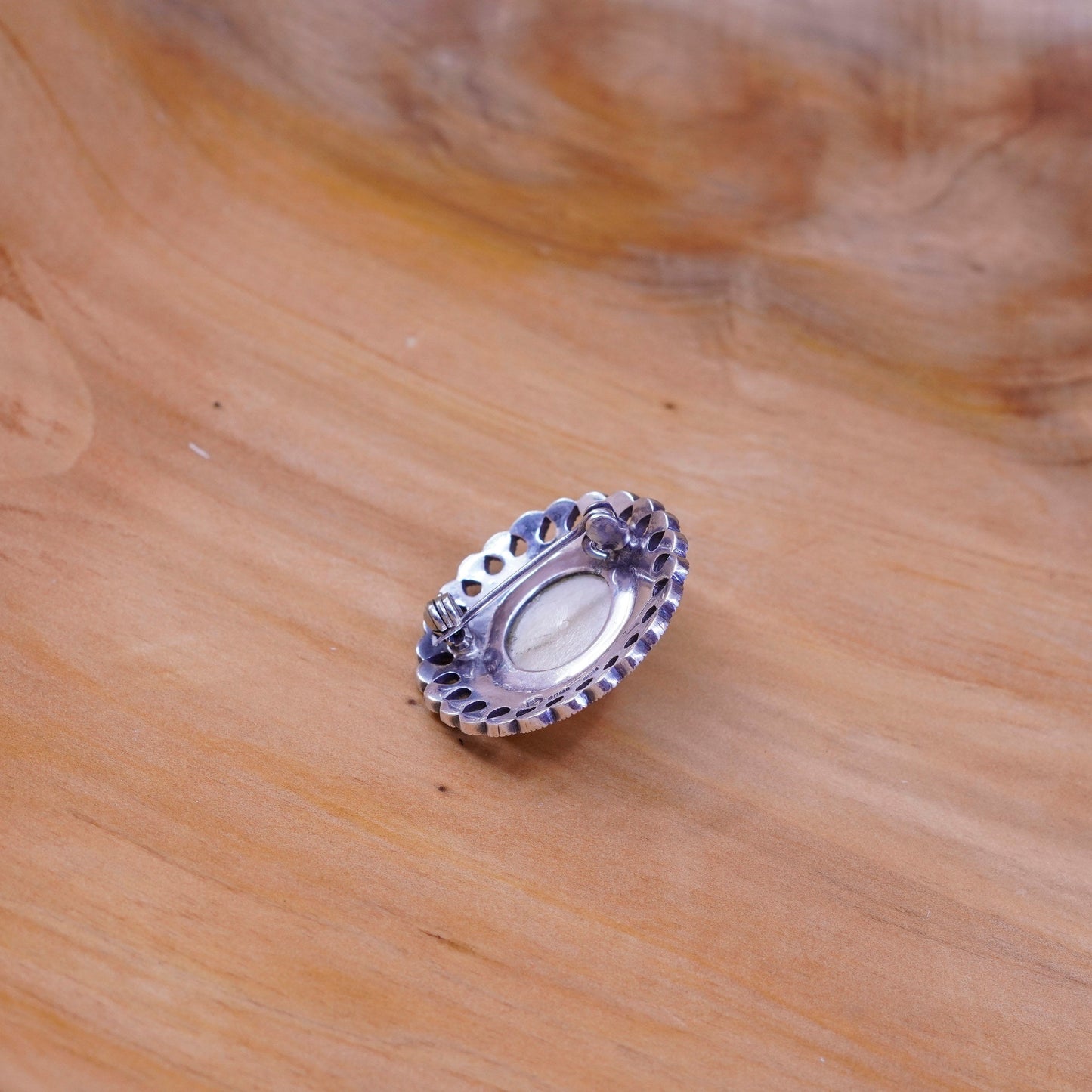 Boma handmade sterling silver brooch, 925 round pin with faux pearl marcasite