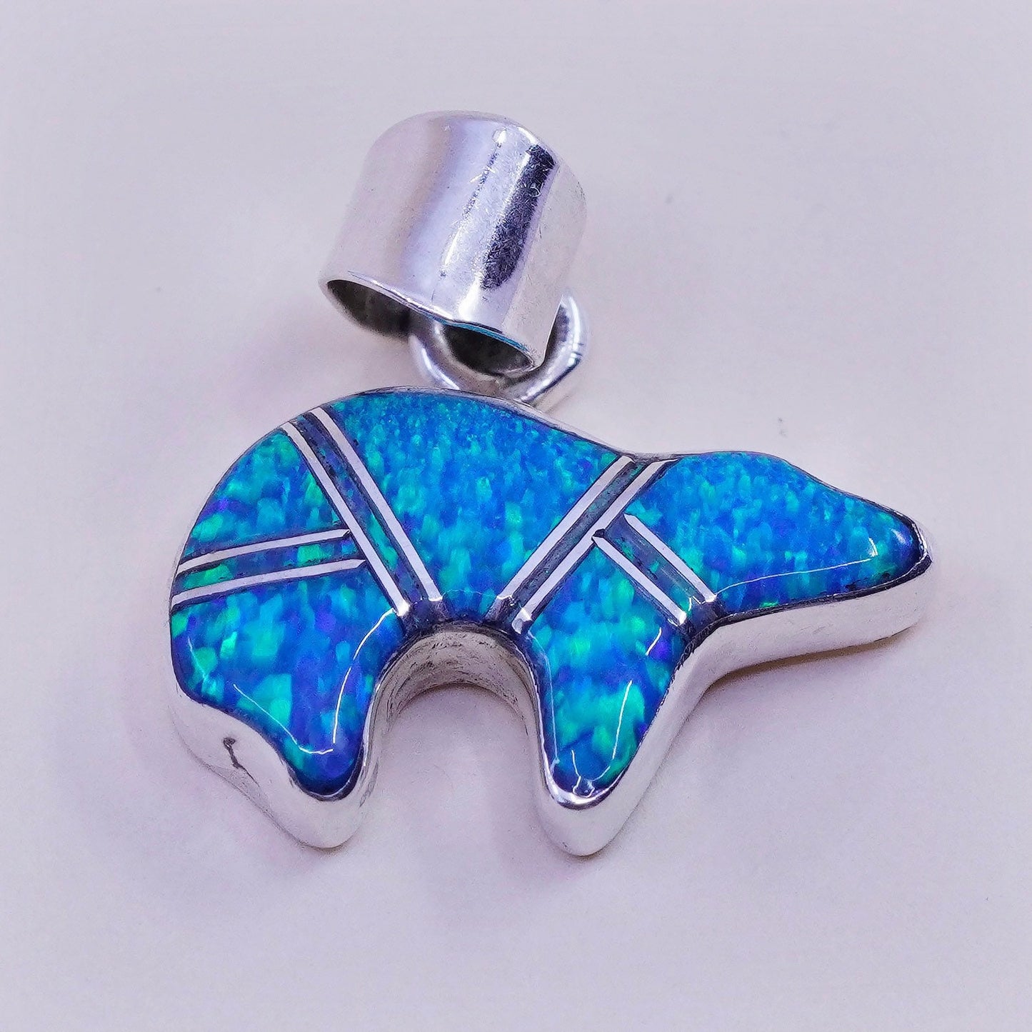 Native American zuni EJ Sterling silver handmade pendant, 925 bear charm opal