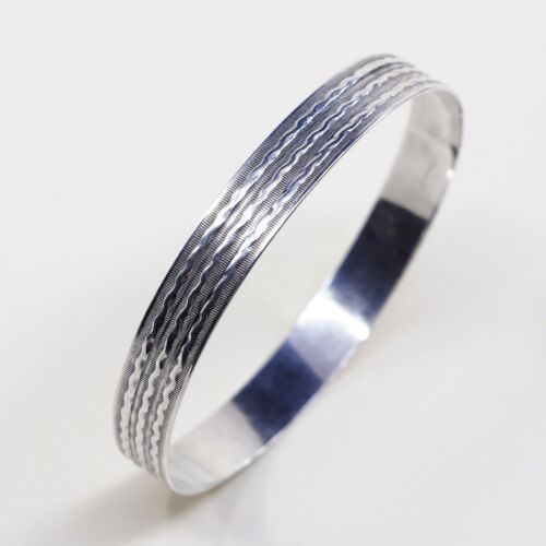 7.75”, Vtg Mexico Sterling Silver Handmade Bangle, 925 Bracelet W/ Wavy Texture