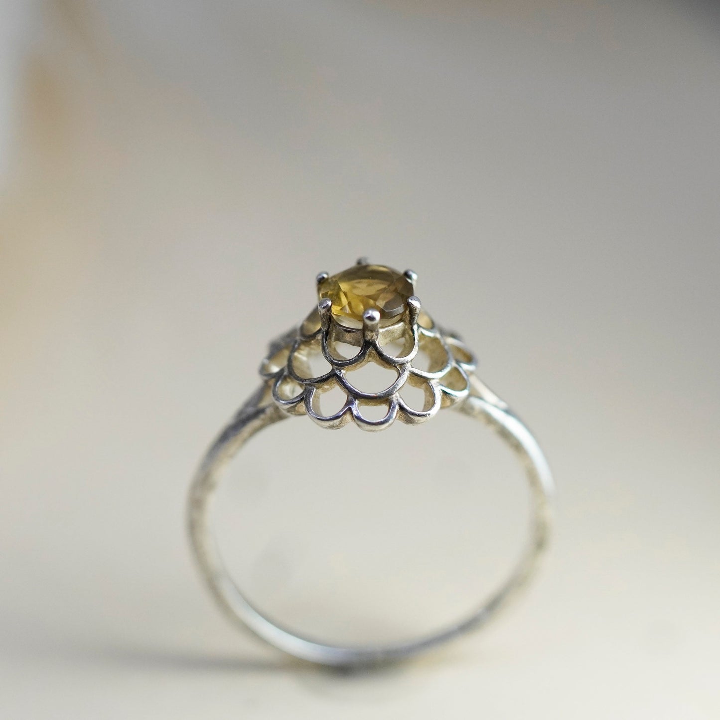 Size 10.25, vintage Sterling 925 silver handmade crown flower ring with citrine