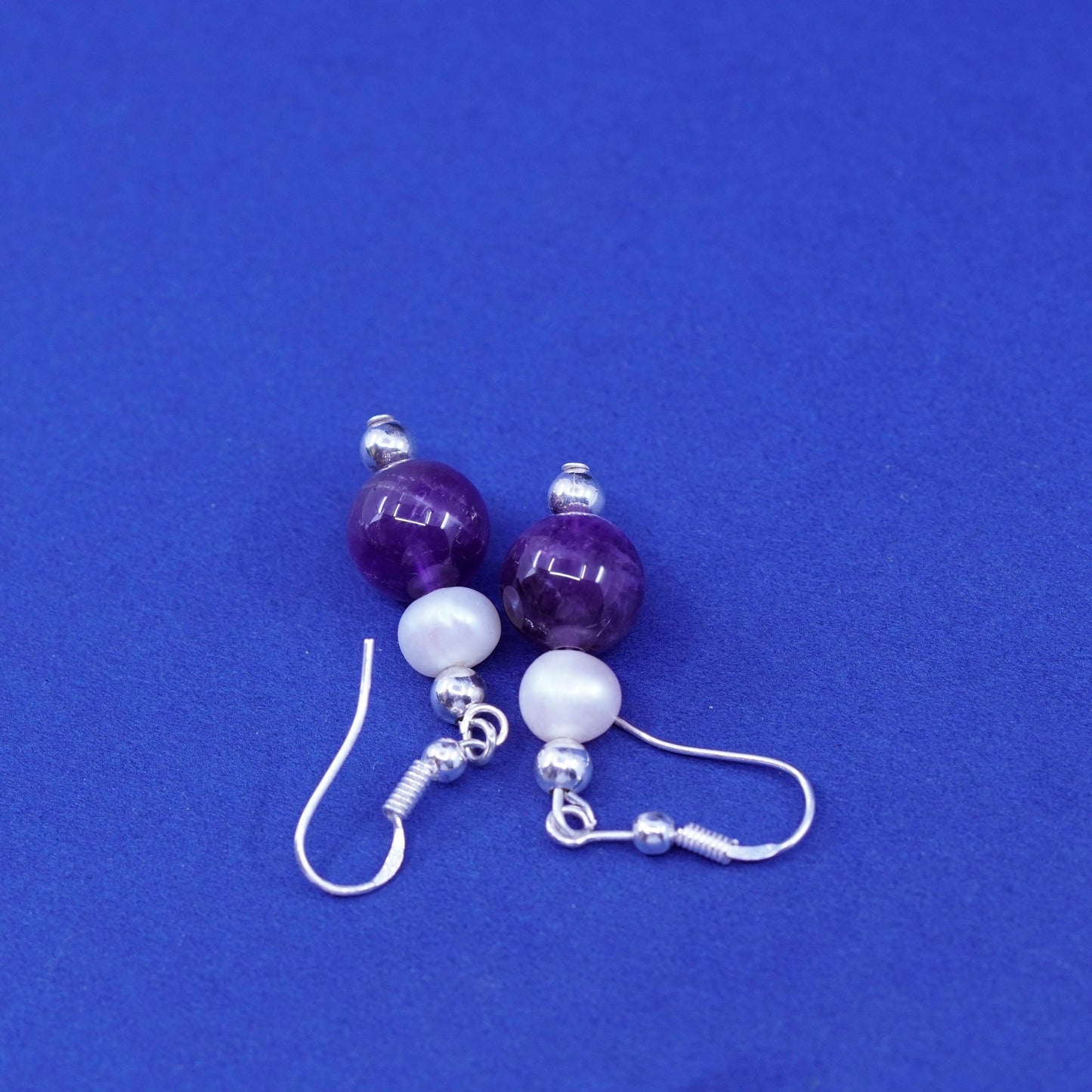 Vintage sterling 925 silver handmade earrings with pearl amethyst beads