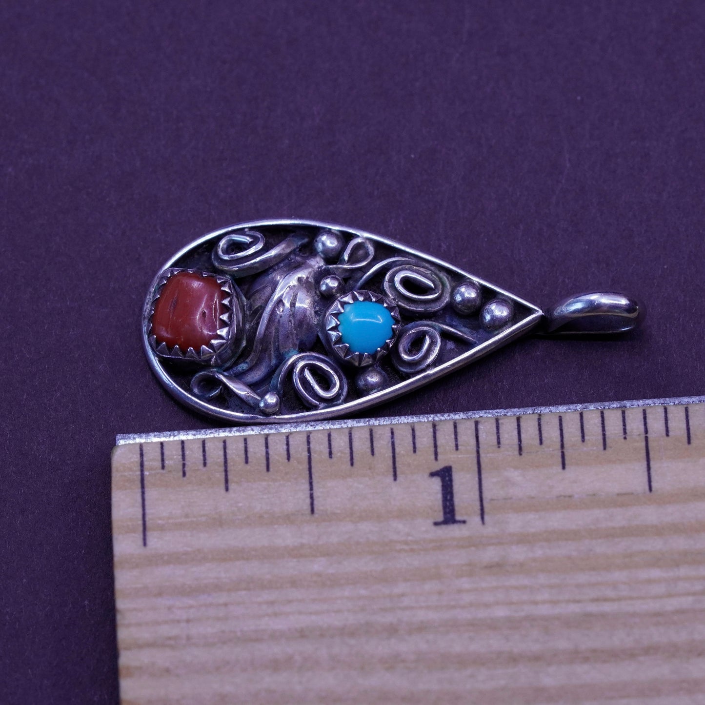 Native American Jeff Largo Sterling 925 silver teardrop pendant turquoise coral