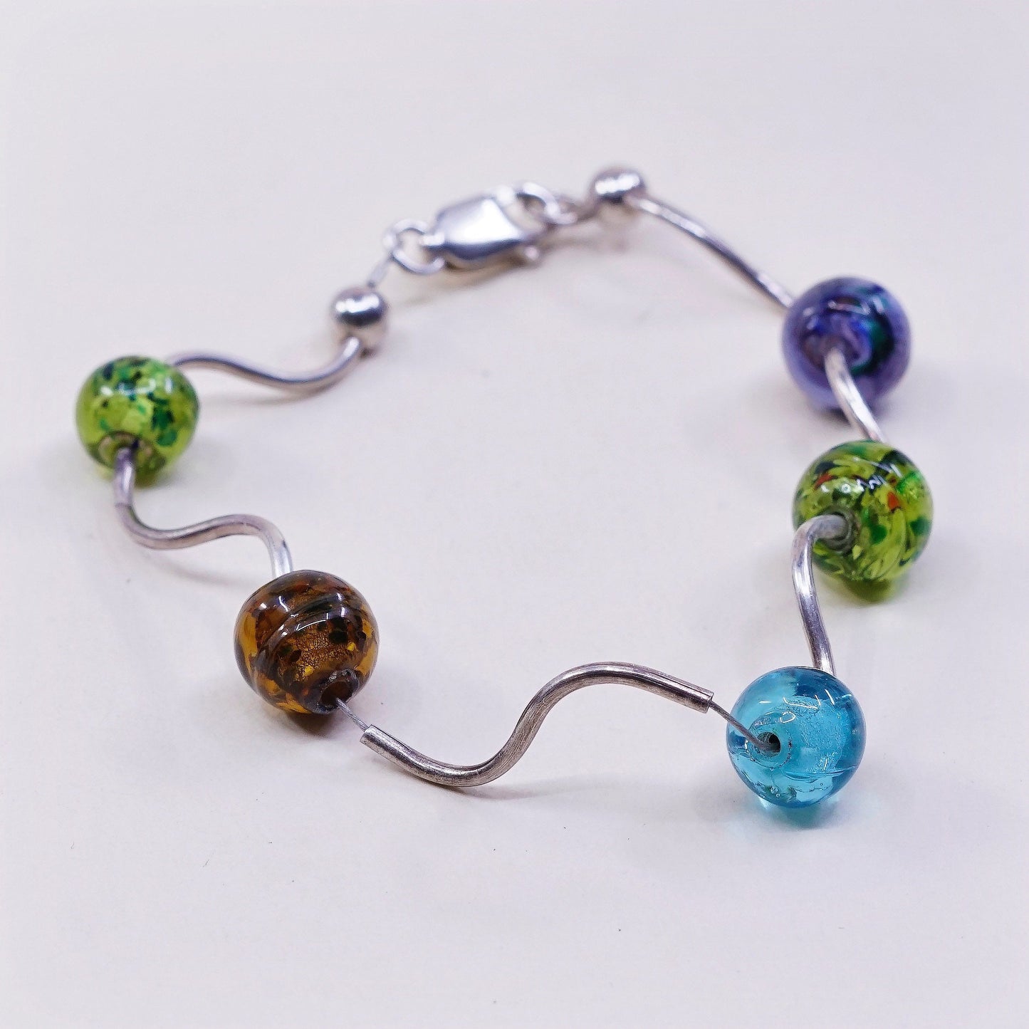 7”, 925 Sterling silver handmade bar and beads bracelet w/ artisan foiled glass
