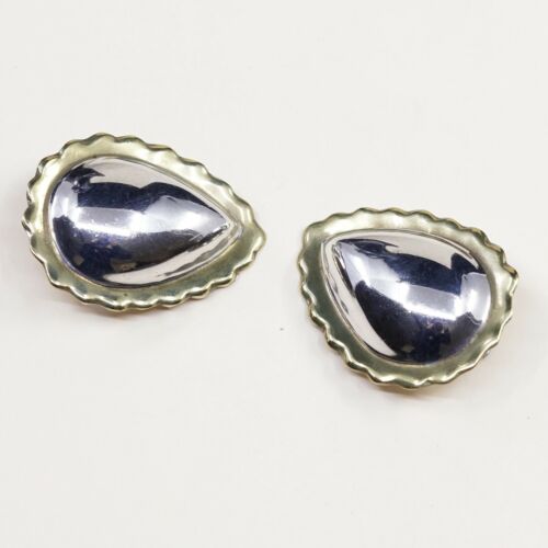 VINTAGE Two Tone Handmade Sterling 925 Silver Teardrop CLIP ON EARRINGS
