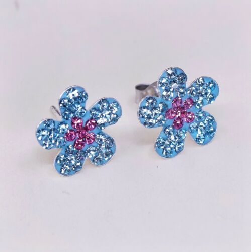 Vintage Sterling Silver Handmade Earrings, 925 Blue Flower Studs W/ Cluster Cz