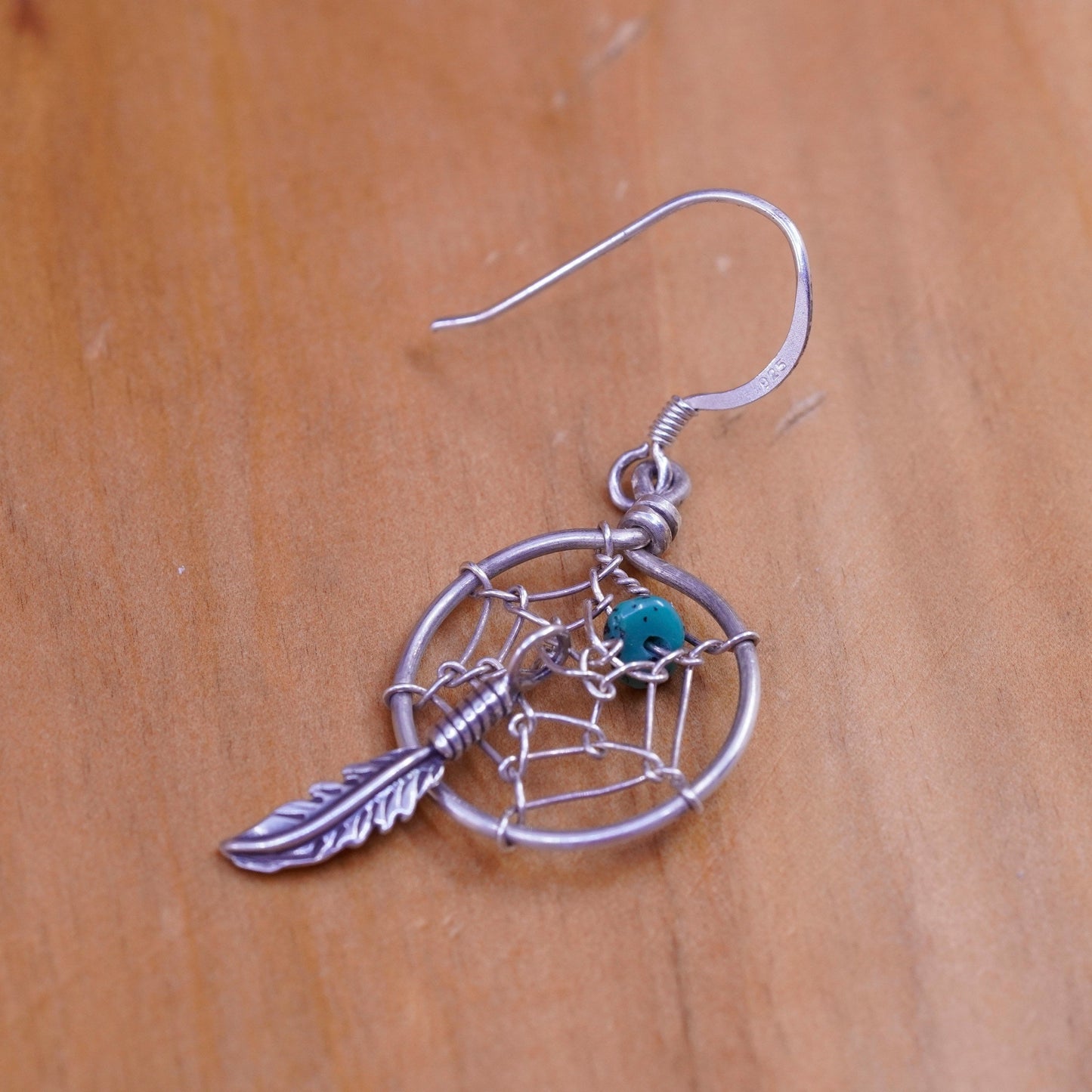 Vintage Sterling 925 silver handmade net earrings with turquoise and feather